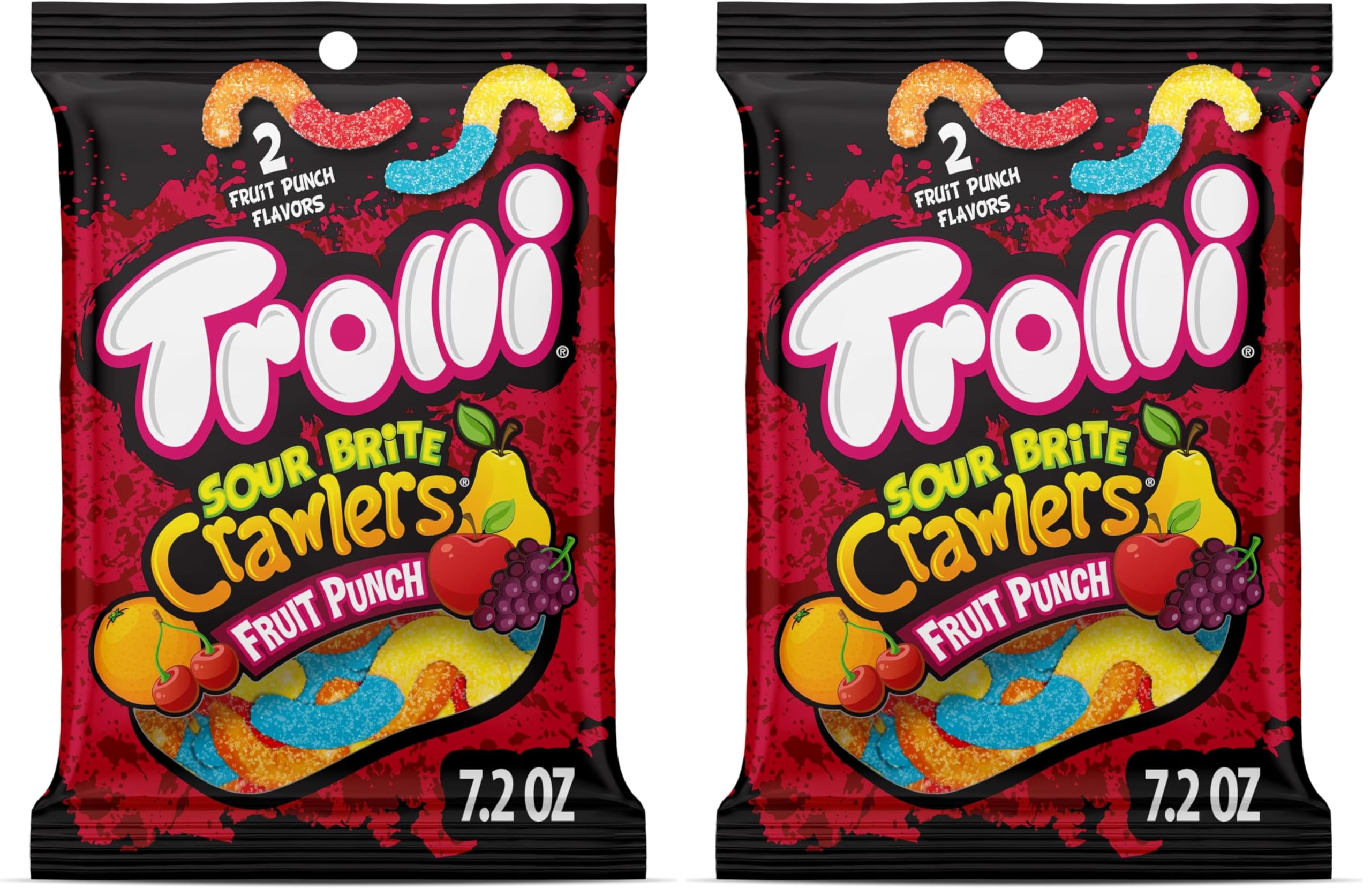 Trolli Sour Gummy Worms, Fruit Punch, 7.2 Ounce | Sour Brite Crawlers | Pack of 2