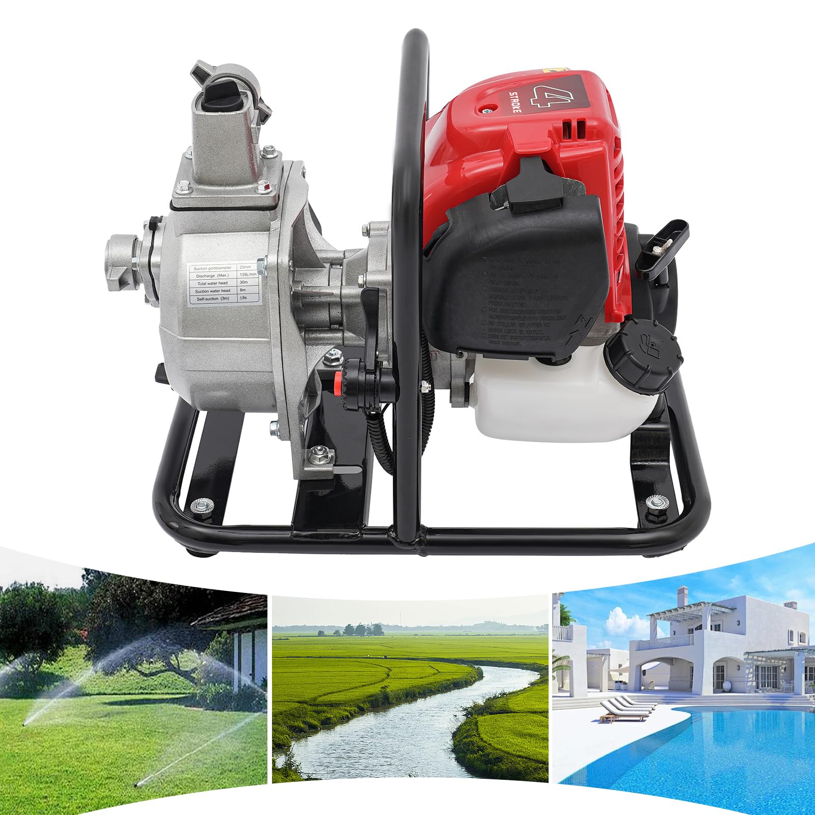 Pompe à eau essence 4 temps, portable avec filtre, 1,5 CV, eaux usées, bassin, jardin, submersible