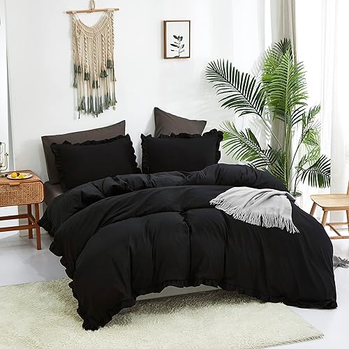 Miniatura 7 de CLOTHKNOW Juego de edredón negro con volantes tamaño King, juego de ropa de cama de granja de 3 piezas, edredón bohemio con 2 fundas de almohada