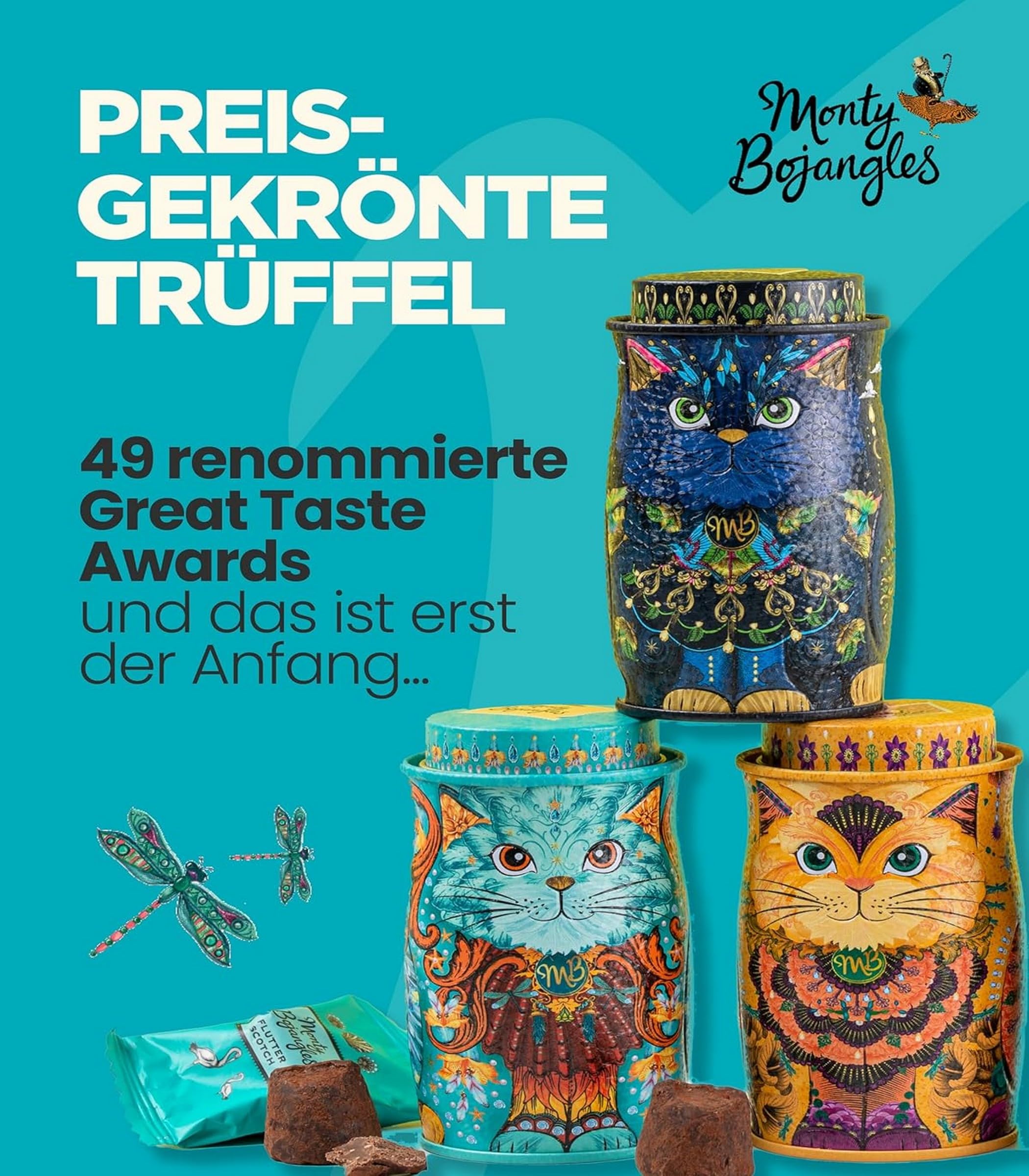 Monty Bojangles Kit-Tins Schokoladentrüffel (4 x 36g) Truffle Pralinen mit Kakao bestäubt Pralinen, Schokolade Sammlerdose mit Katzen-Design, Geschenkset mit vier Geschmacksrichtungen