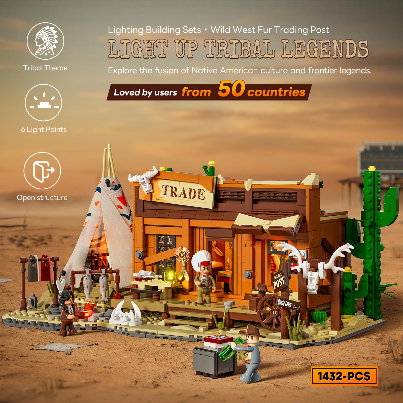 Lumibricks Western Fur Trading Post Bloques de construcción con iluminación para adultos, 1432 piezas, oficina comercial del salvaje oeste con almacén indio, modelo modular de colección, regalo para