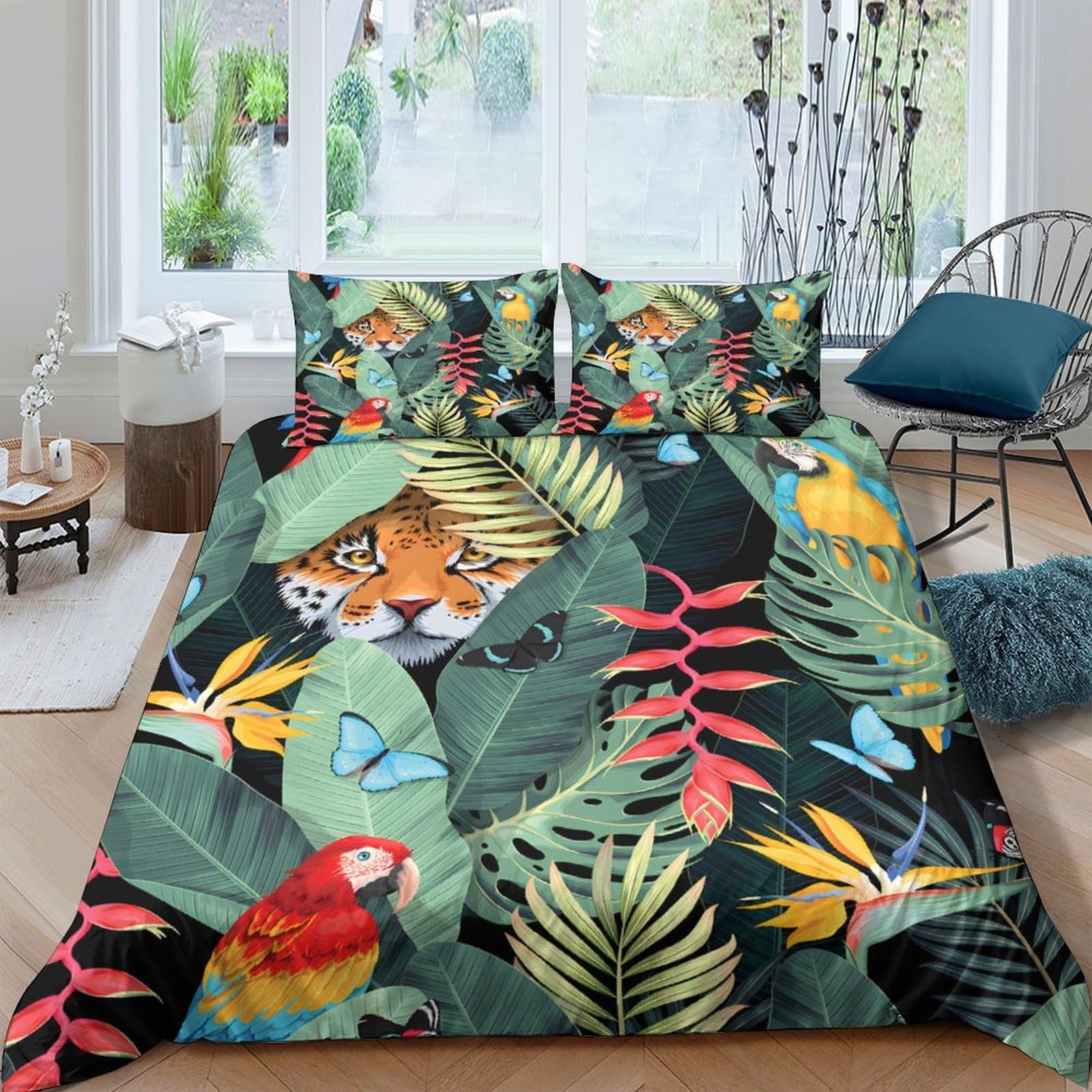 GPLZQXKJNH 3D Printed Tropical Jungle Duvet Cover Microfiber Soft Breathable Parrot Tiger Bedding Set with 2 Pillowcases for Bedroom Decor Single（135x200cm）