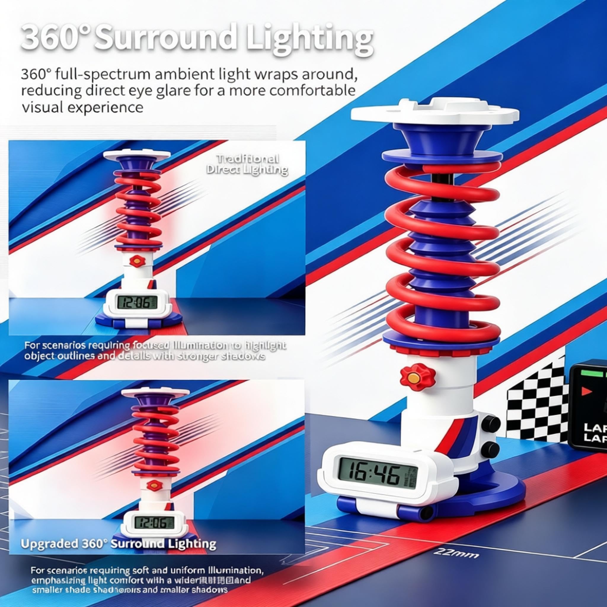 Lampa stołowa z amortyzatorem z nadrukiem 3D, lampa biurkowa sprężynowa spiralna, 3 regulowane poziomy, temperatura barwowa 3800k ± 200 k, oświetlenie 360°, z zegarem cyfrowym, do