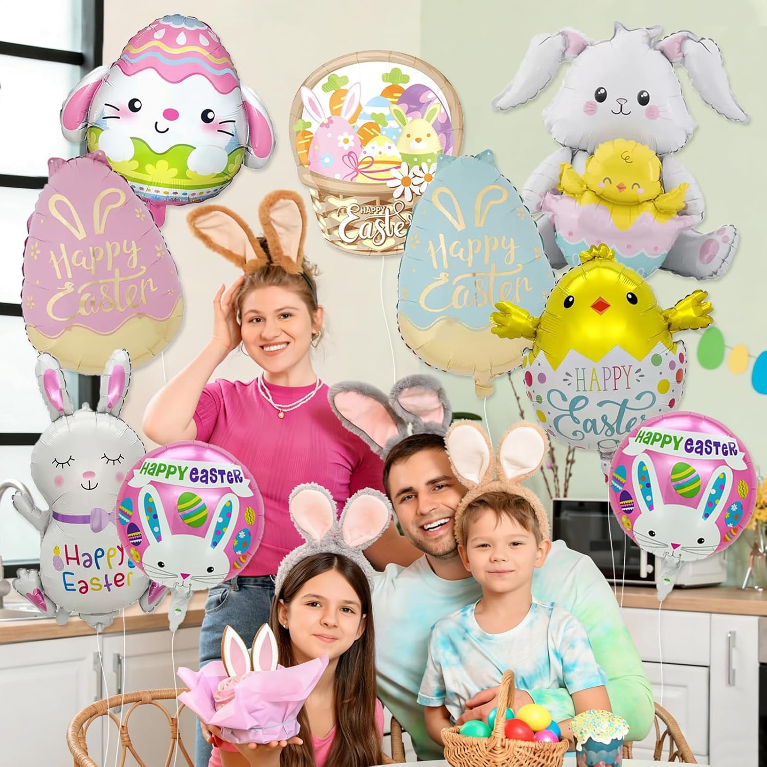 9 Pcs Easter Foil Balloons 37 Inch Bunny Balloon Easter Egg Chick Happy Easter Mylar Balloons Party Decorations