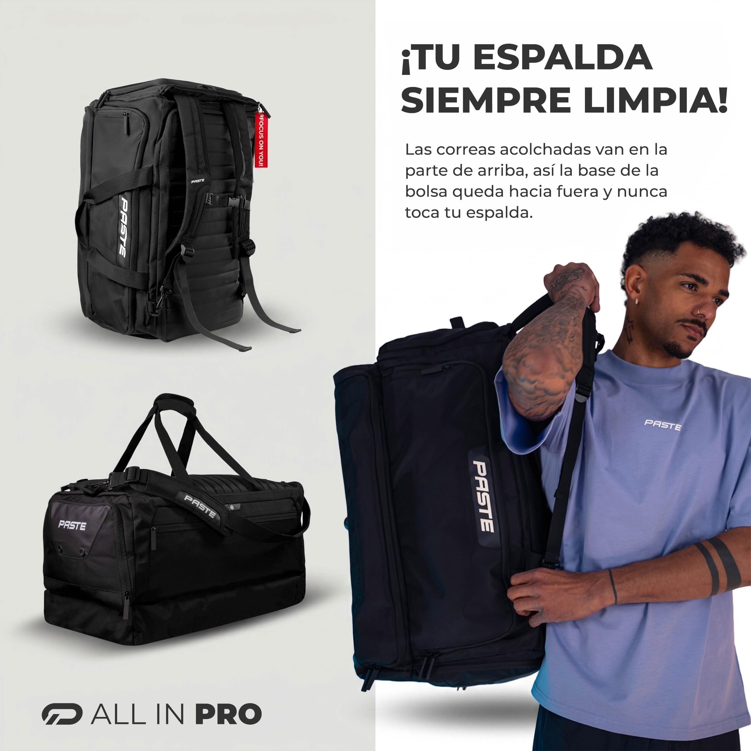 PASTE® - Bolsa Deporte 68L Hombre & Mujer con Función Mochila – Compartimento Zapatos, Isotérmico & Húmedo – Mochila Gym, Fútbol & Natación – Gym Bag & Bolsa de Viaje XL Negro