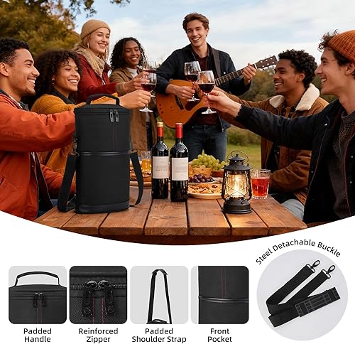 Miniatura 81 de ALLCAMP - Bolsa de vino con compartimento refrigerador, juego de picnic que lleva dos juegos de vajilla Negro