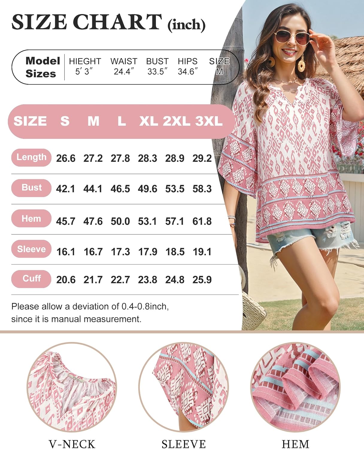 Bebonnie Womens 3/4 Sleeve V Neck Bohemian Peasant Blouses Casual Loose Fit Tunic Tops - Image 7