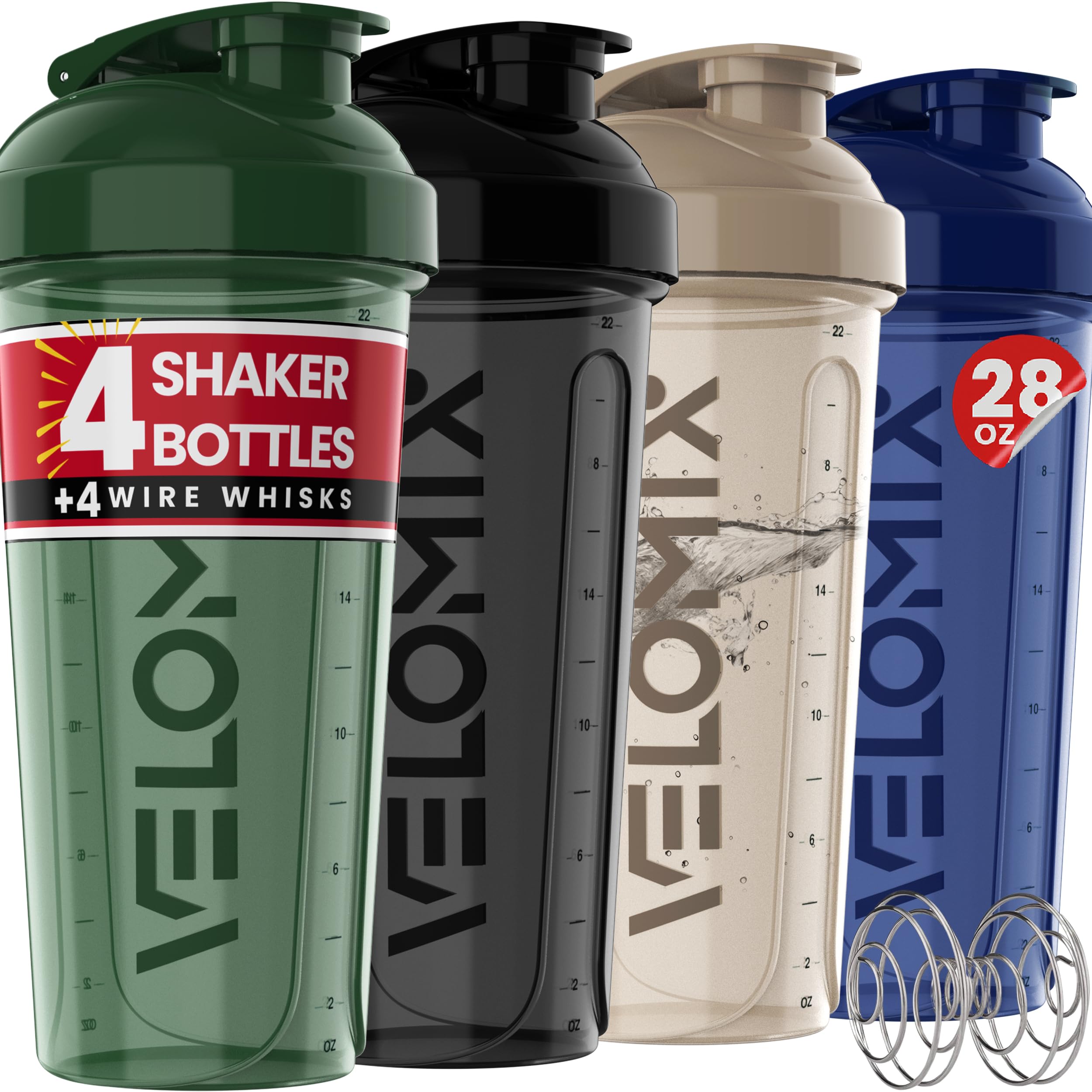 VELOMIX -4 PACK 28 Oz Protein Shaker Bottle for Protein Mixes - 4x Wire Whisk | Leak Proof Shaker Cups for Protein Shakes | Large, Stackable Protein