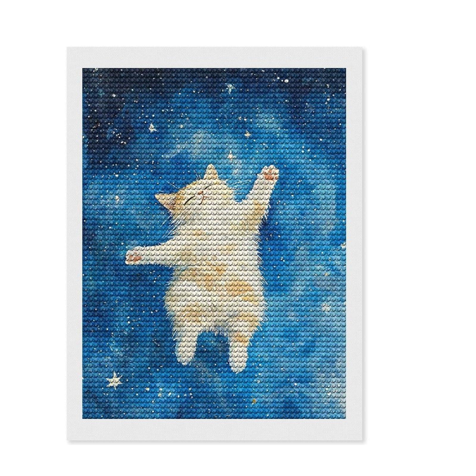 Junmoney Cat Kitten in Space Diamond Painting Set 12"x16", Printed Canvas, Finish and Display, Home Wall Decor, Gift Idea, Neat Printed Canvas