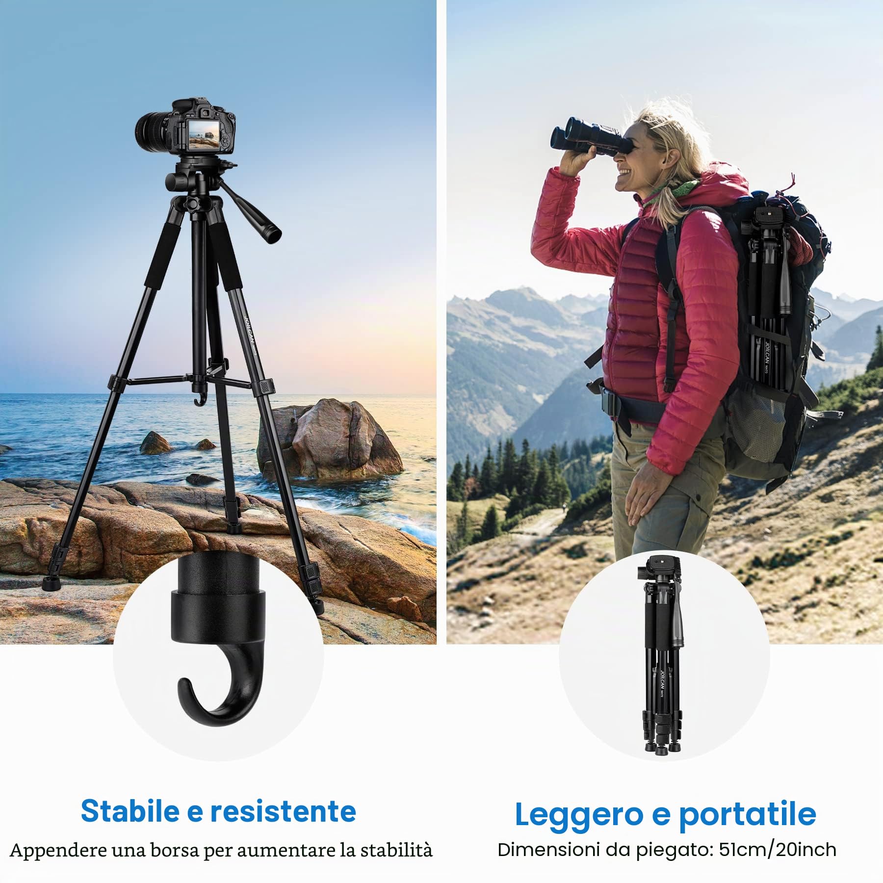 JOILCAN Treppiede Fotocamera 65"/165cm, Treppiedi in Alluminio con Supporto Telefonico & Borsa da Trasporto, Leggero bile Treppiede per Canon/Nikon/Sony/DSLR/Smartphone, Carico Massimo 5,5 kg-Nero