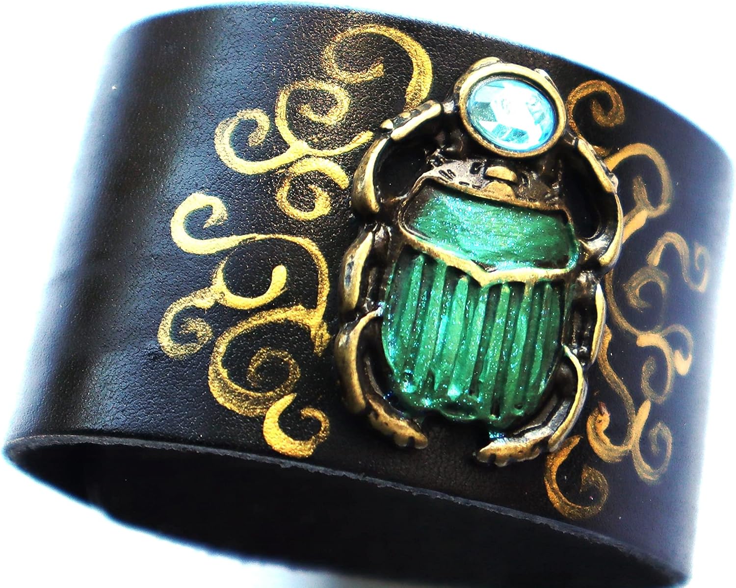 Mystical Egyptian Scarab Beetle Black Leather Cuff Bracelet Lucky Boho Protection Jewelry for Women Teen Girls