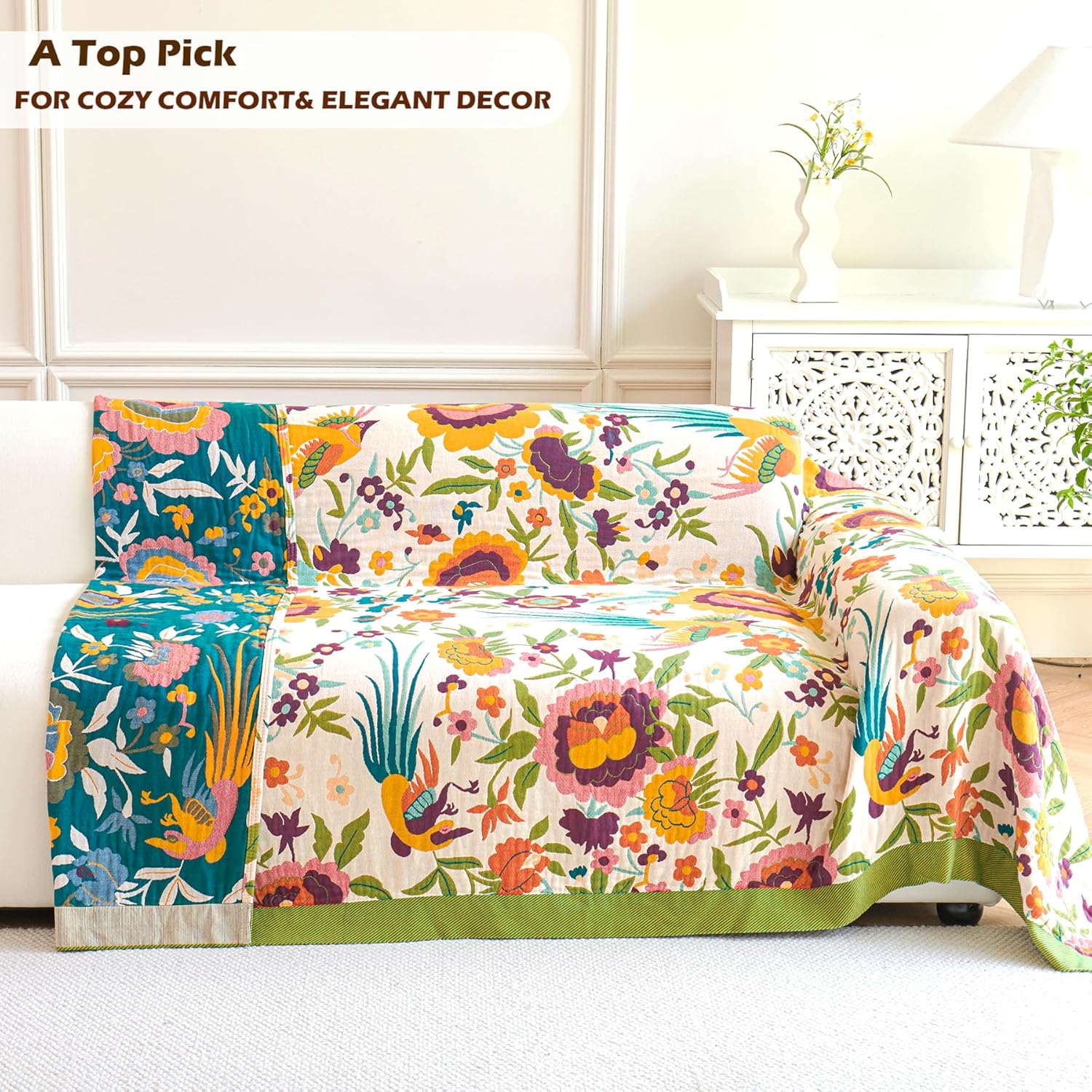 Boho Throw Blanket for Bed, 100% Organic Cotton Breathable Ultra Soft 60" x 80" Quilt Throw - All Season Floral Rustic Farmhouse Decor Luxury Reversible Blanket for Sofa Couch Chair and Gift - Image 4