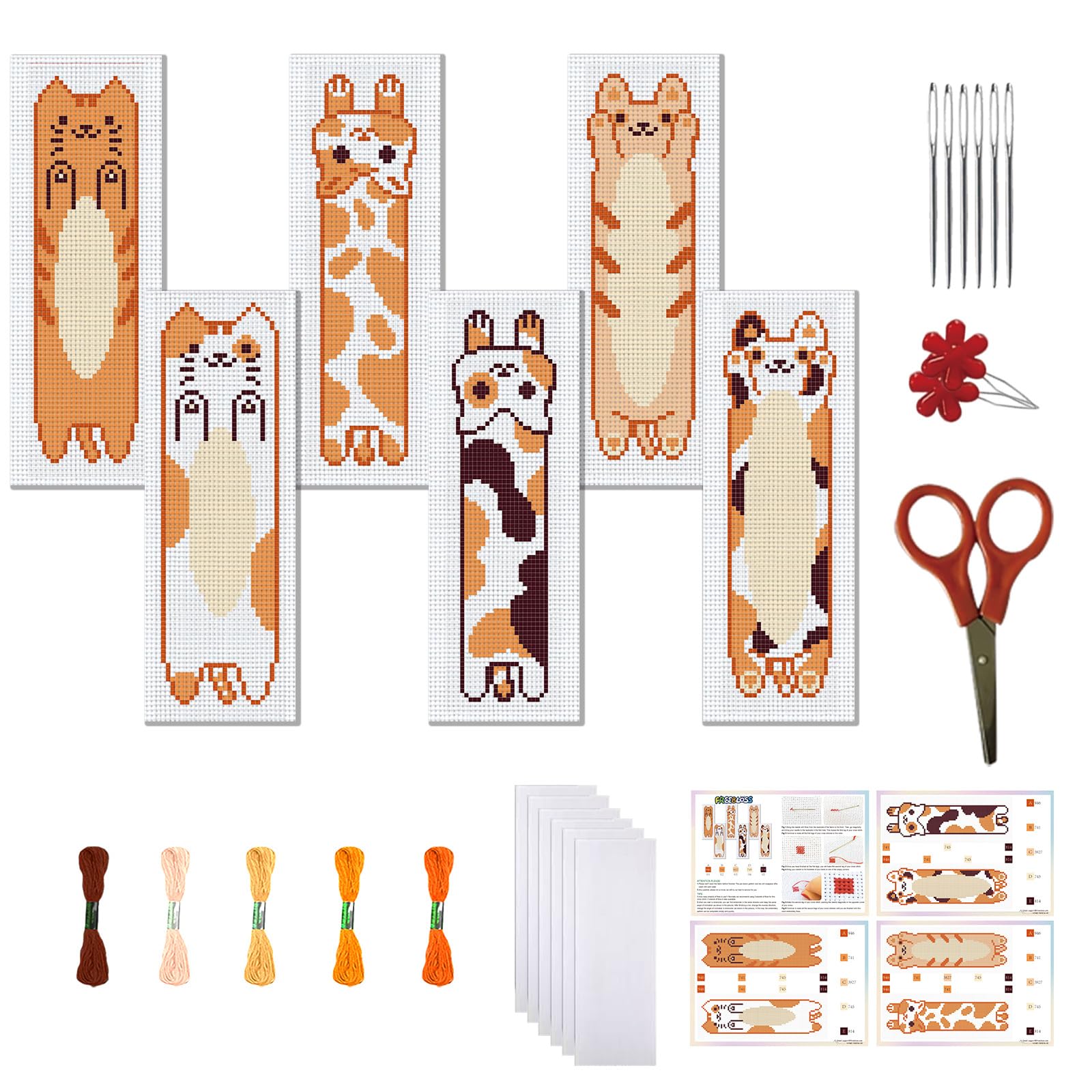 FREEBLOSS 6 Set Cross Stitch Bookmark Kit Stamped Cross Stitch Kit Orange Cats Theme Embroidery Set including Instruction for Adults 8''*2.4''