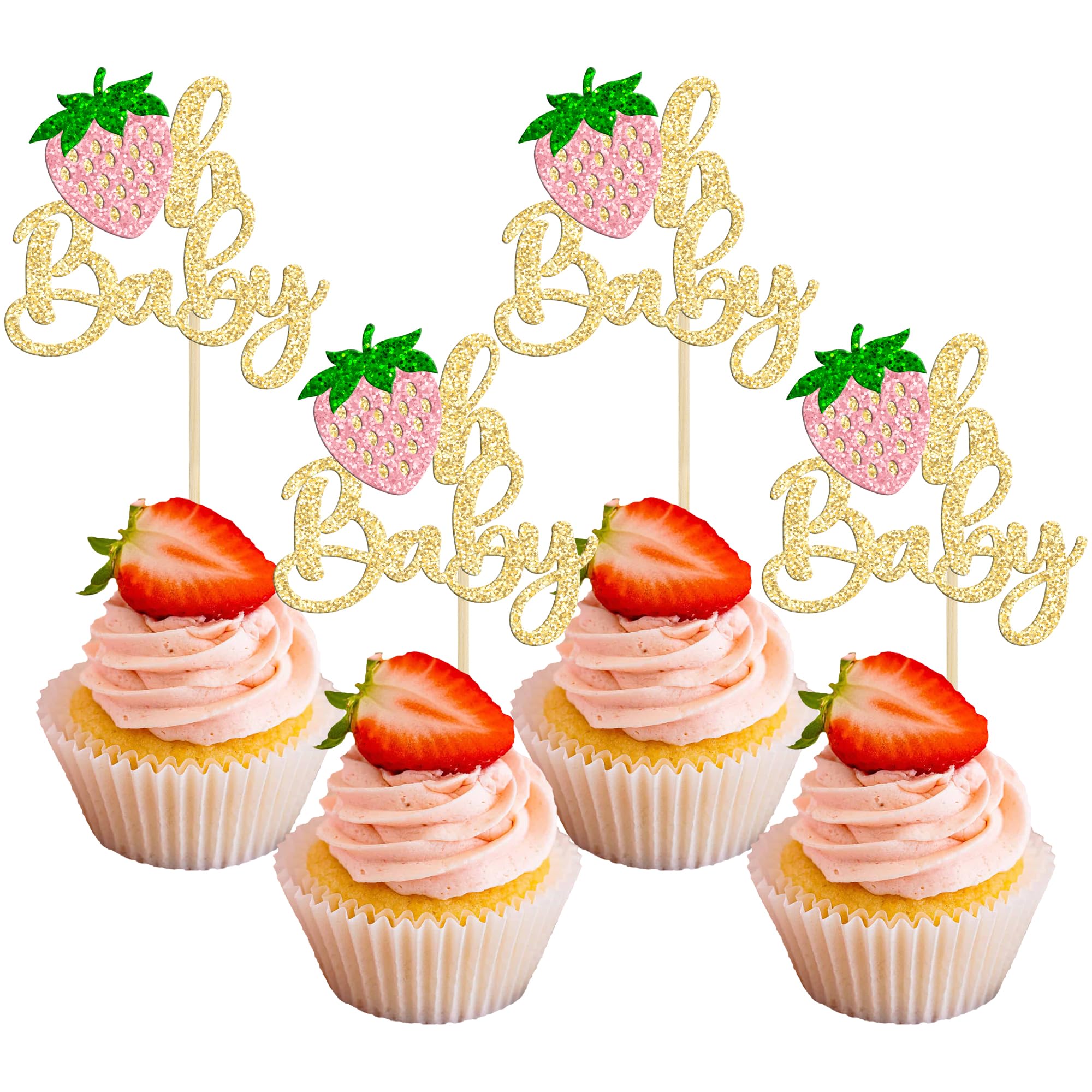 Gyufise 24Pcs Strawberry Oh Baby Cupcake Toppers Glitter Baby Shower Strawberry Cupcake Picks for Fruit Theme Baby Shower Kids Boys Girls Birthday