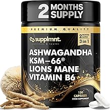 Supplmnt. Ashwagandha KSM 66, Lion’s Mane & Vitamin B6 Capsules - 2 Months Supply - High Strength 2000mg KSM-66 Ashwaganda Root Extract Supplement with Lions Mane Mushroom - 120 Vegan Capsules