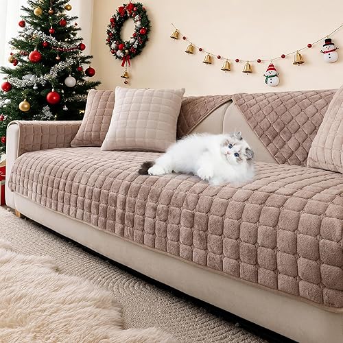 Funda de sofá de franela mullida para perros, lavable y antideslizante, funda de sofá modular para mascotas para sofá de 3 cojines, respaldo y