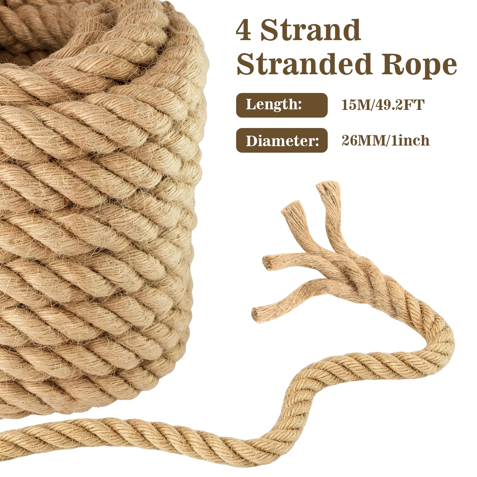 Cuerda de yute de 15 m x 26 mm de grosor, cuerda de yute natural de 4