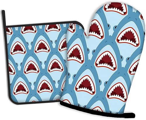 Divertidos guantes de horno de tiburón y soportes para ollas de cocina, juego de 2 piezas, almohadilla resistente al calor para hornear, barbacoa,