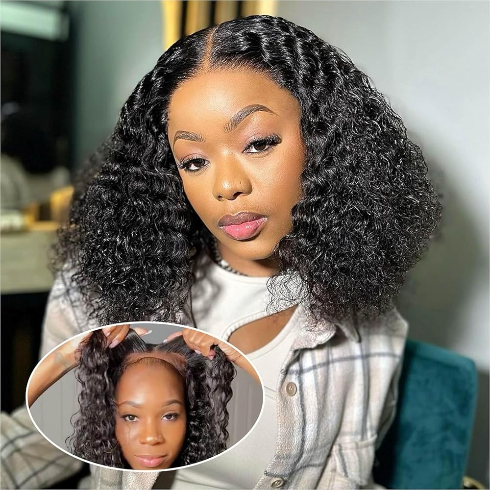 Ailwelia Curly Bob Wig Human Hair Deep Wave 200% Density 5x5 HD Lace Closure Wigs Human Hair Bob Wigs For Black Women Wear And Go Glueless Curly Wig Black Color 12 Inch