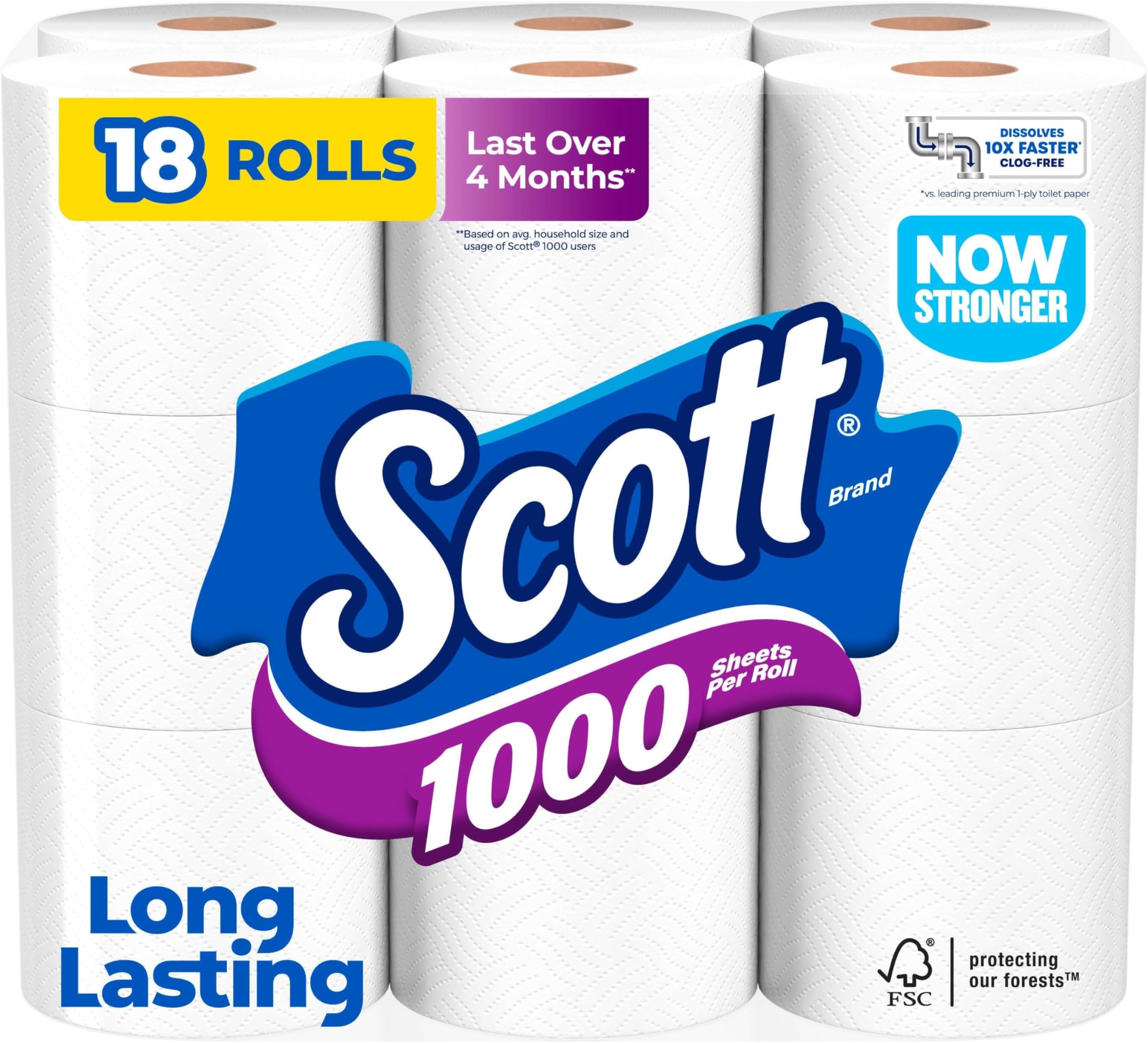 1000 Toilet Paper, 18 Rolls, Septic-Safe, 1-Ply Toilet Tissue