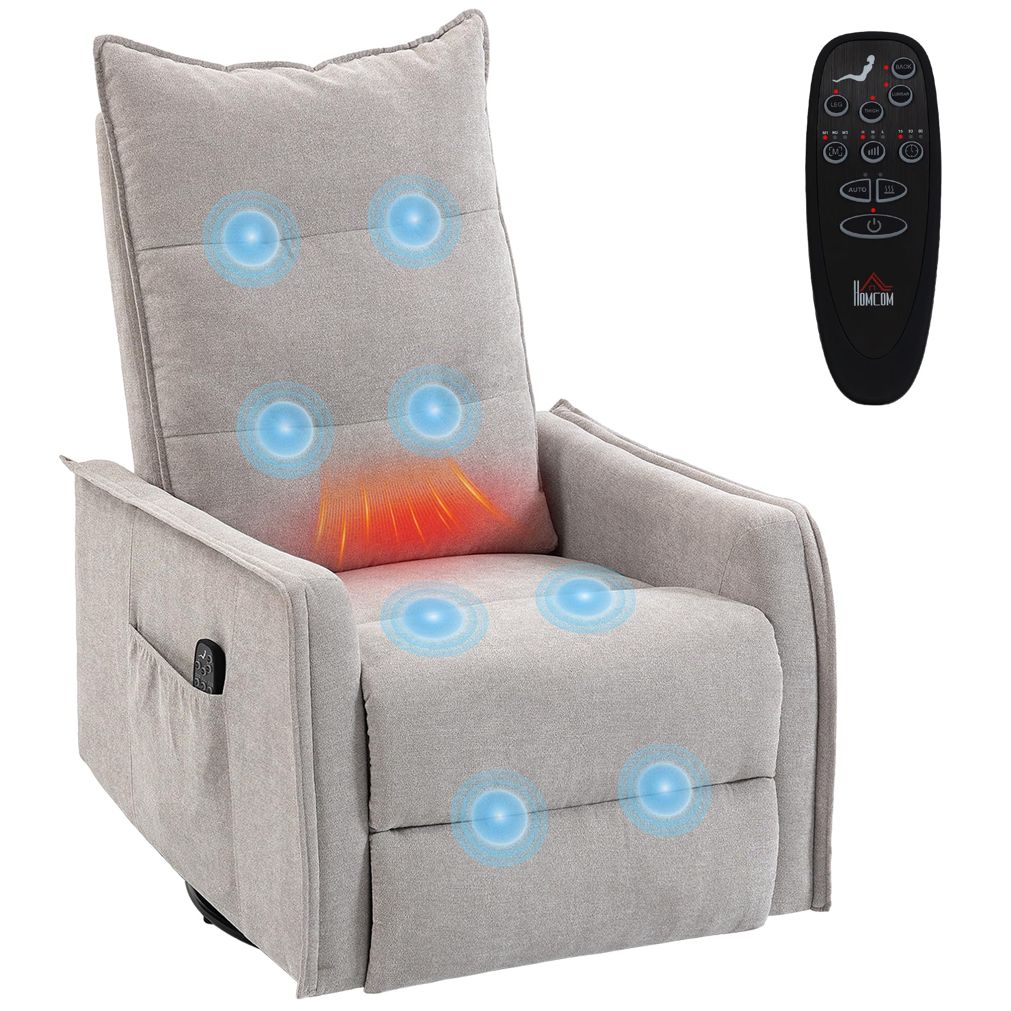 HOMCOM Poltrona Massaggiante Reclinabile Manuale 155° Riscaldante, 8 Punti di Massaggio, Poltrona Relax Girevole in Ciniglia, Funzione Dondolo, Poggiapiedi, Telecomando, Tasche Laterali, Grigio Chiaro