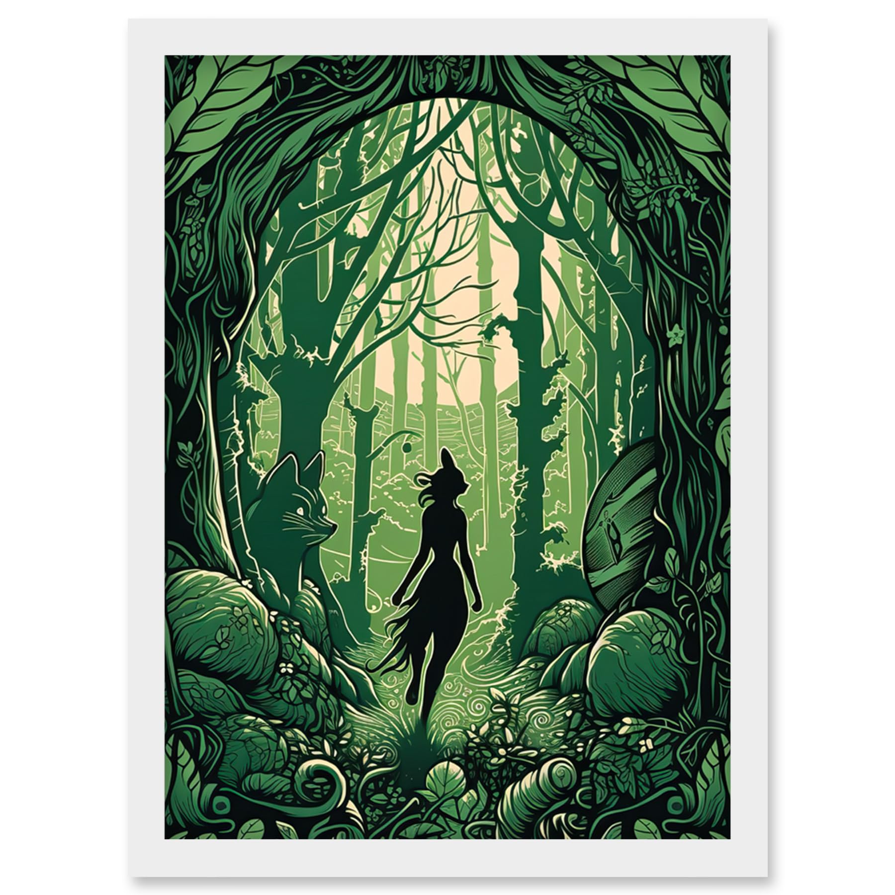 Artery8 Anthropomorphic Fox Silhouette Forest Art Nouveau Artwork Framed Wall Art Print A4