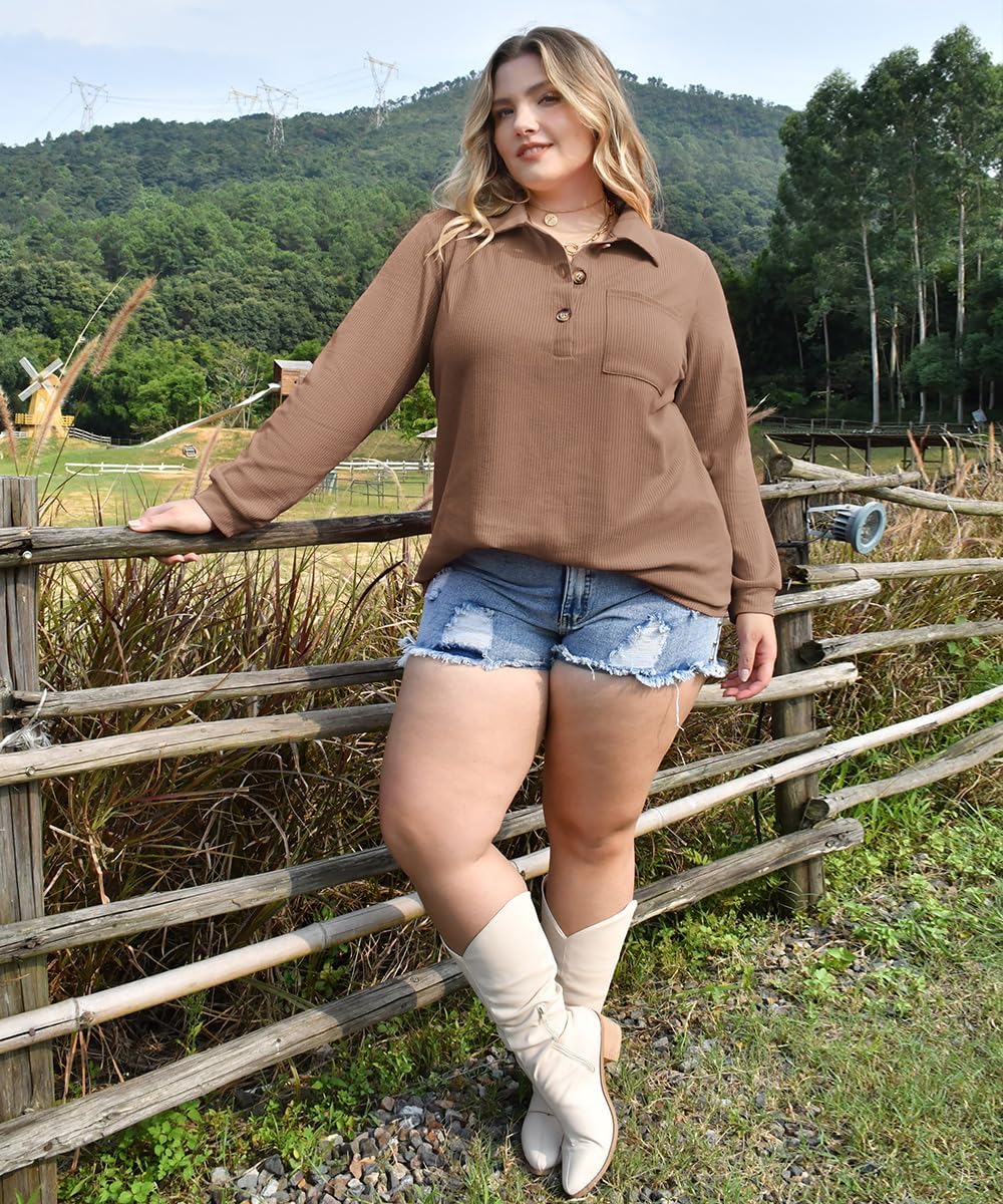 CARCOS Plus Size Tops for Women Waffle Knit Henley Shirts Long Sleeve Button V Neck Tunics Casual Solid Blouse with Pocket - Image 4