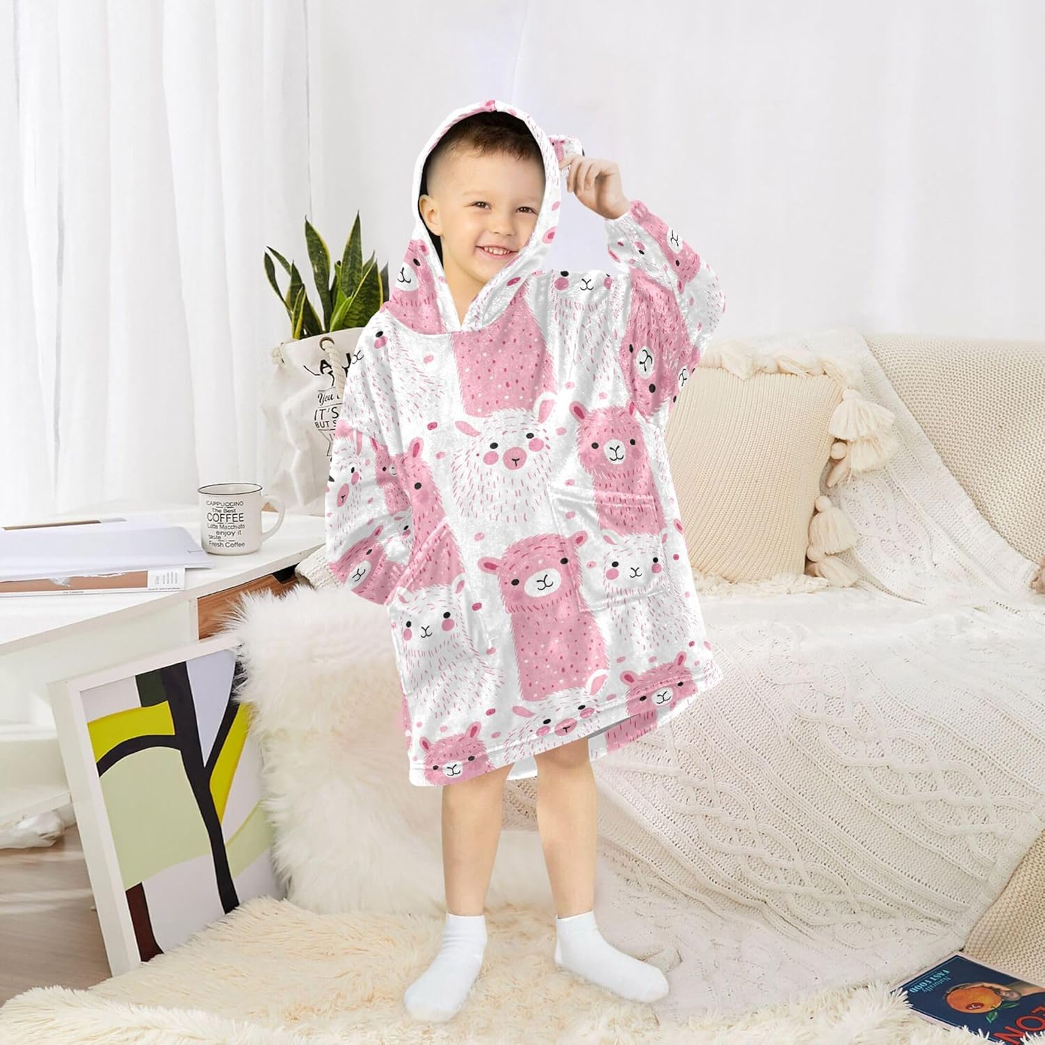 Alpaca Pink Cute Kids Wearable Blanket Hoodie with Pocket and Sleeves for Toddlers, Cute Hoodies Girls Boys B0403577