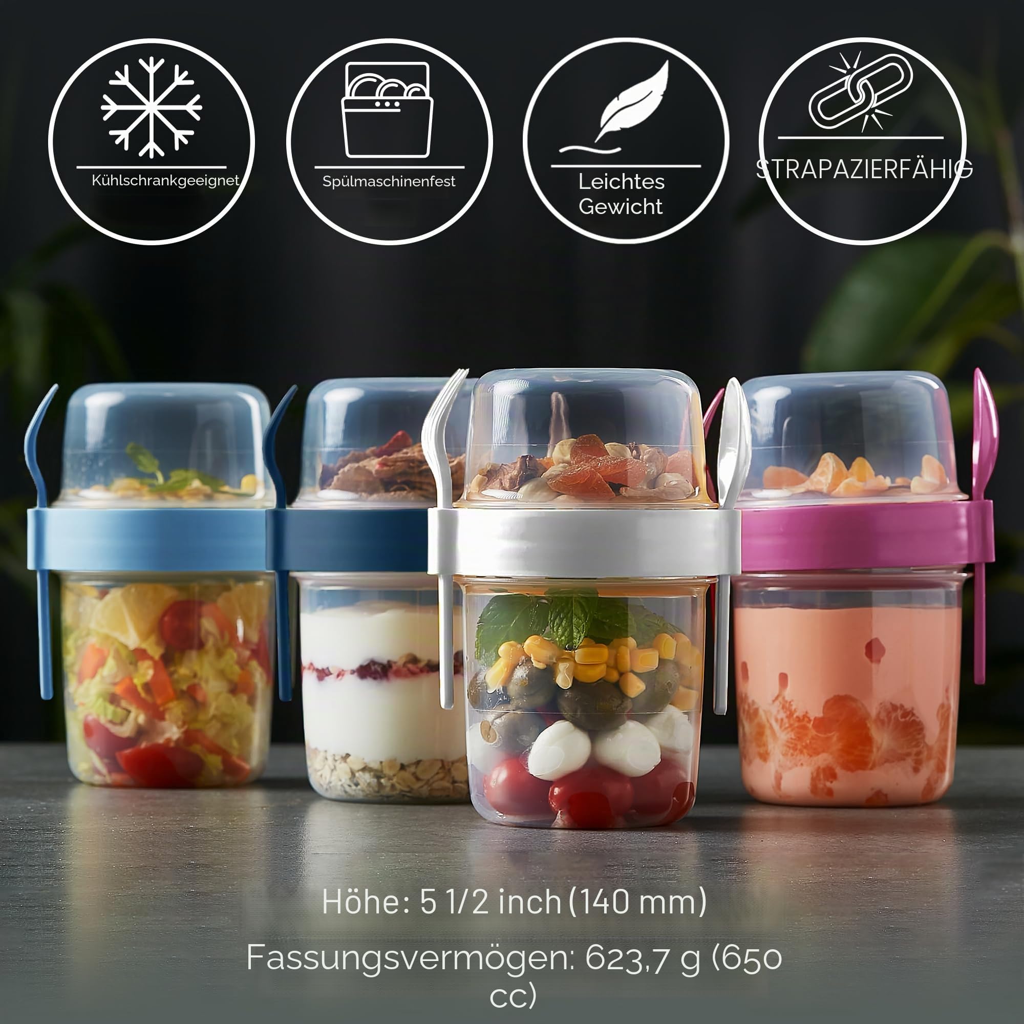 Crystalia Müslibecher to Go mit Löffel & Gabel Set 4, 100% BPA-FREI Joghurt Becher to Go mit Deckel, Porridge to Go, Obstbehälter, Salatbecher Yoghurt to Go zum Frühstück, Cereal On the Go Muslidosen