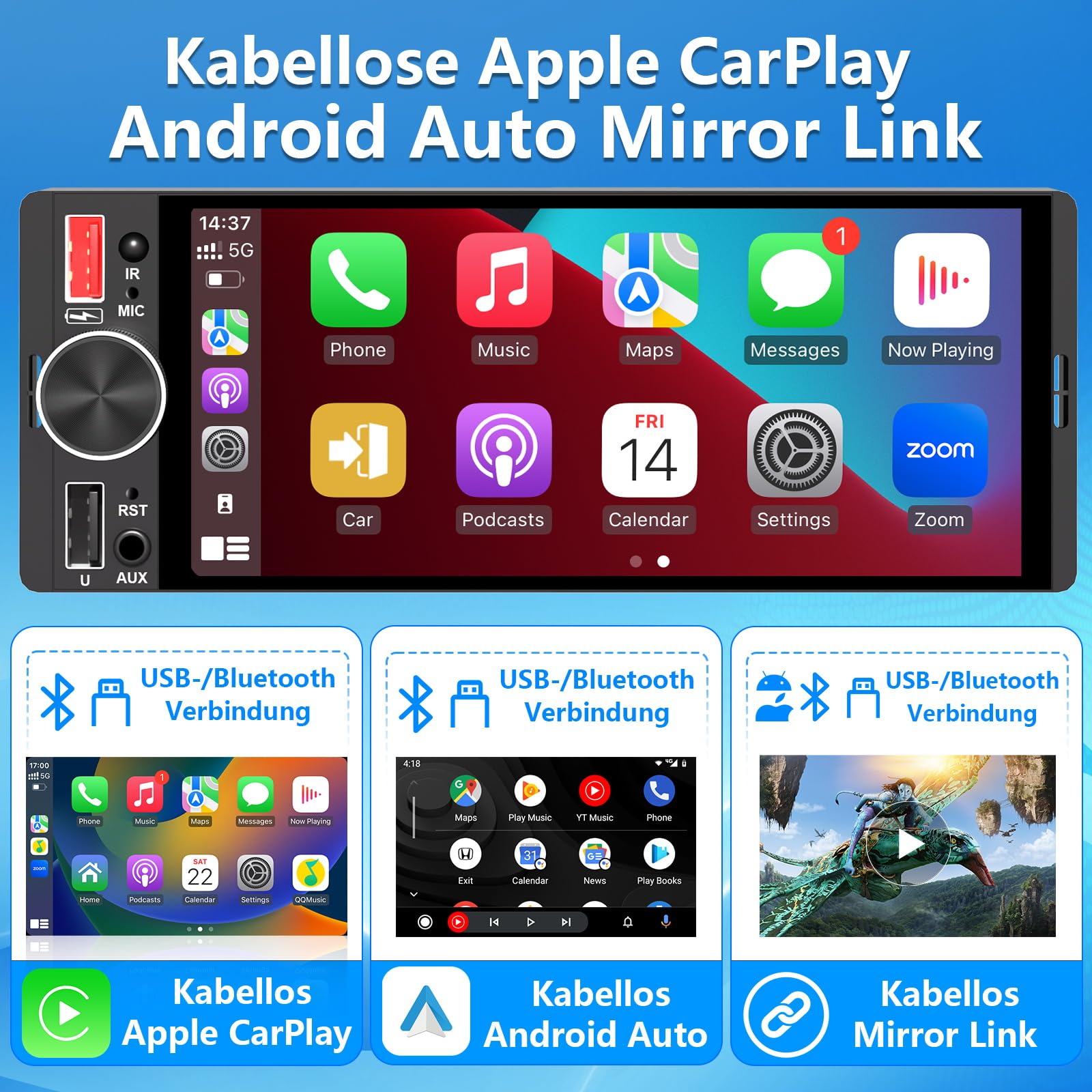 6,36 Zoll 1 Din Autoradio mit Drahtlosem CarPlay & Android Auto, Bluetooth, Full-Touch-Display FM, DAB+, Rückfahrkamera und Mikrofonunterstützung