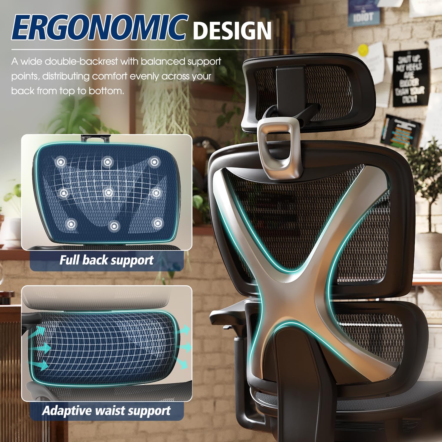 GABRYLLY Ergonomic Office Chair, Big and Tall Mesh Chair with Lumbar Support, 3D armrest - 215° Rotation, Adjustable Headrest & Soft Seat, Durable Computer Chair 350LBS for Work Gaming - 5