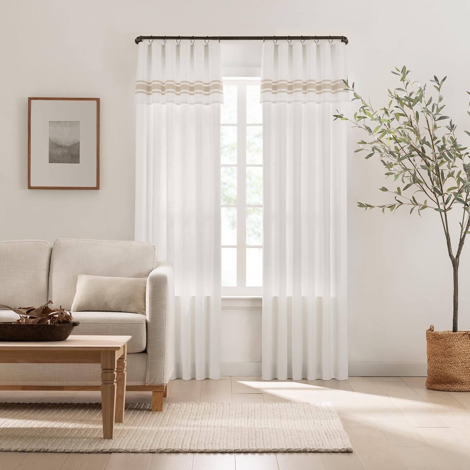 Mercantile Drop Cloth Stripe Curtain Panel, Light Filtering Ring & Tab Top with Attached Valance, 108 in Long x 50 in Wide, Farmhouse Single Window Panel, Bedroom & Living Room, Linen Stripe