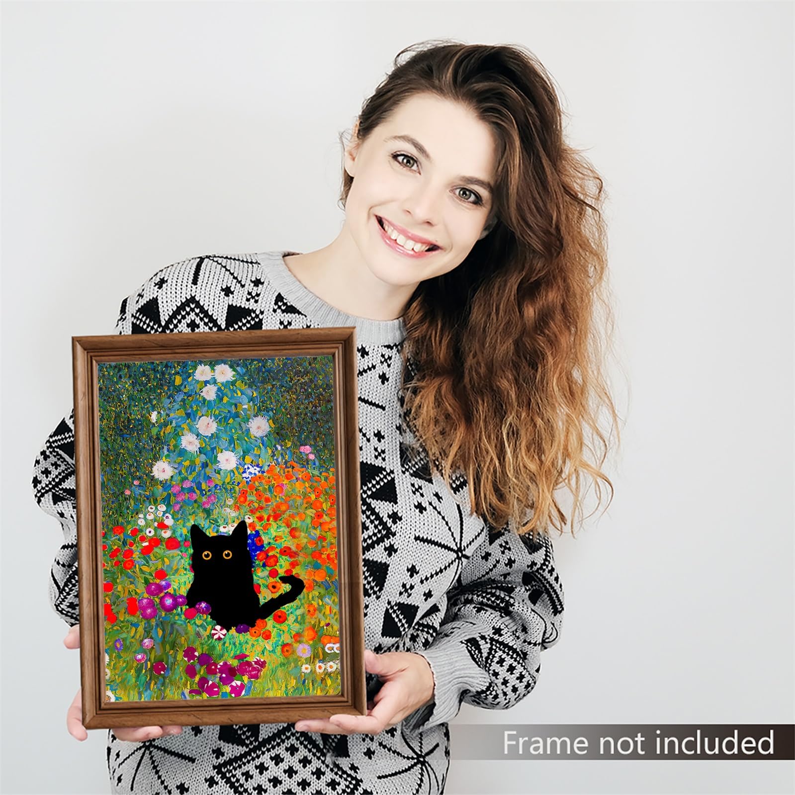 Gustav Klimt Canvas Wall Art, Black Cat Garden Flower Poster, Funny Cat Flower Print - Image 2