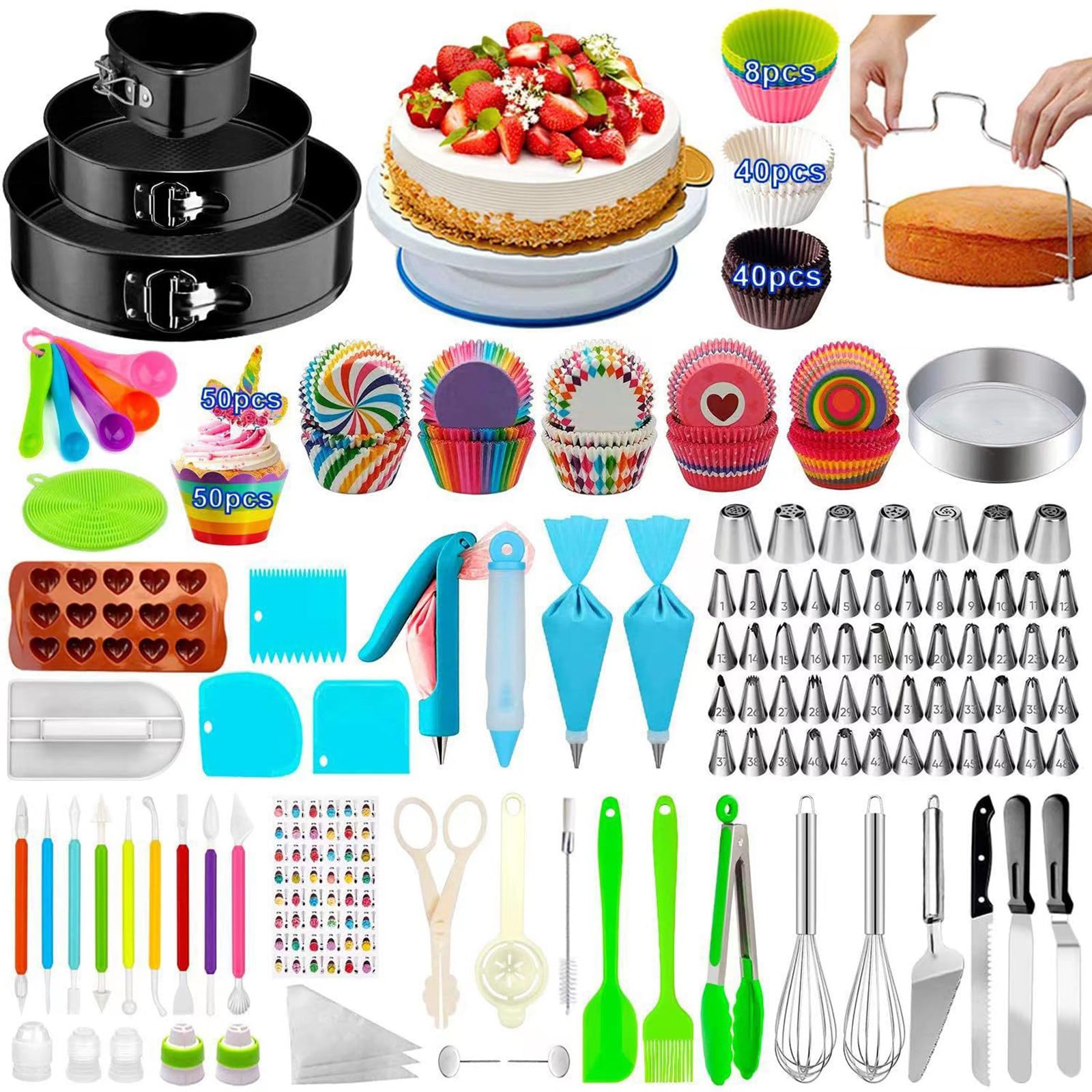 QSWLHLYY Cake Decorating Kit with Rotating Turntable, Non-Stick Cake Pans, Piping Tips, Spatulas, Scrapers & Silicone Cupcake Liners - Complete Baking Supplies for Beginners & Home Bakers 493PCS