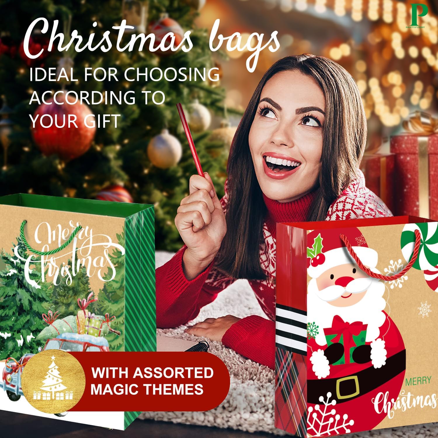 Party Funny 24 Small Christmas Gift Bags Bulk With Handles, 26 Tissue Paper and 60 Count Christmas Gift Tags Set-24 Assorted Designs Same Size Sacks Set For Wrapping Xmas Holiday Presents