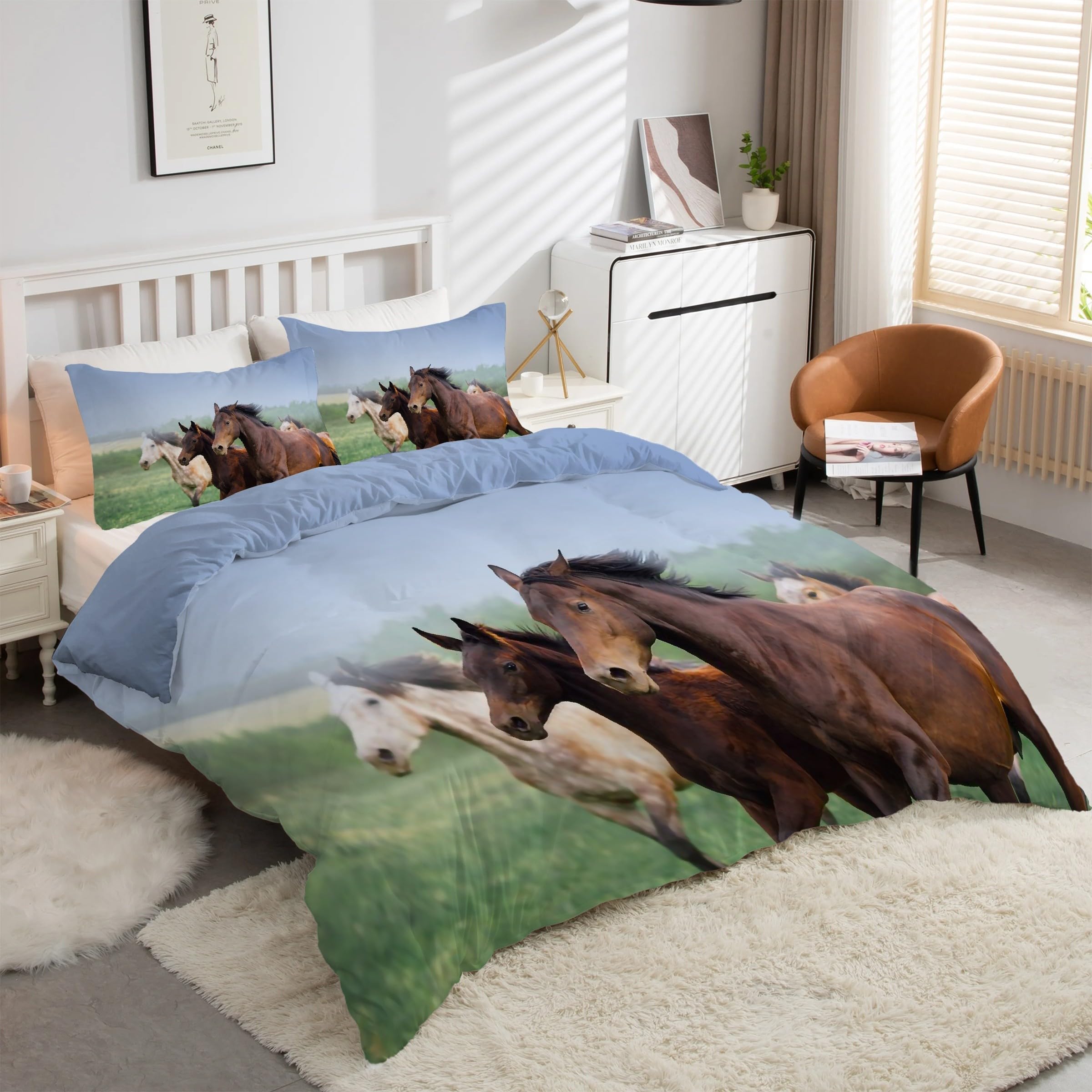 Housse de couette 220x240 animaux cheval et ses 2 taies d'oreiller microfibre douce