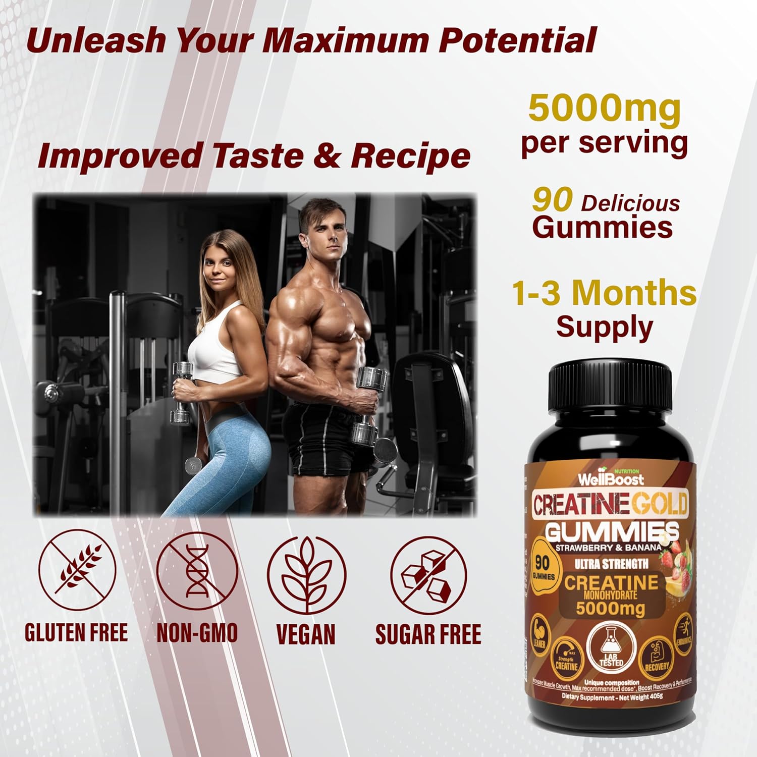 WellBoost Creatine Gold – 5000mg Creatine Monohydrate, Vegan, Sugar-Free Gummies for Lean Muscle Growth, Endurance, Recovery & Energy (1 Month Supply) in Starwberry and Banana Flavour.