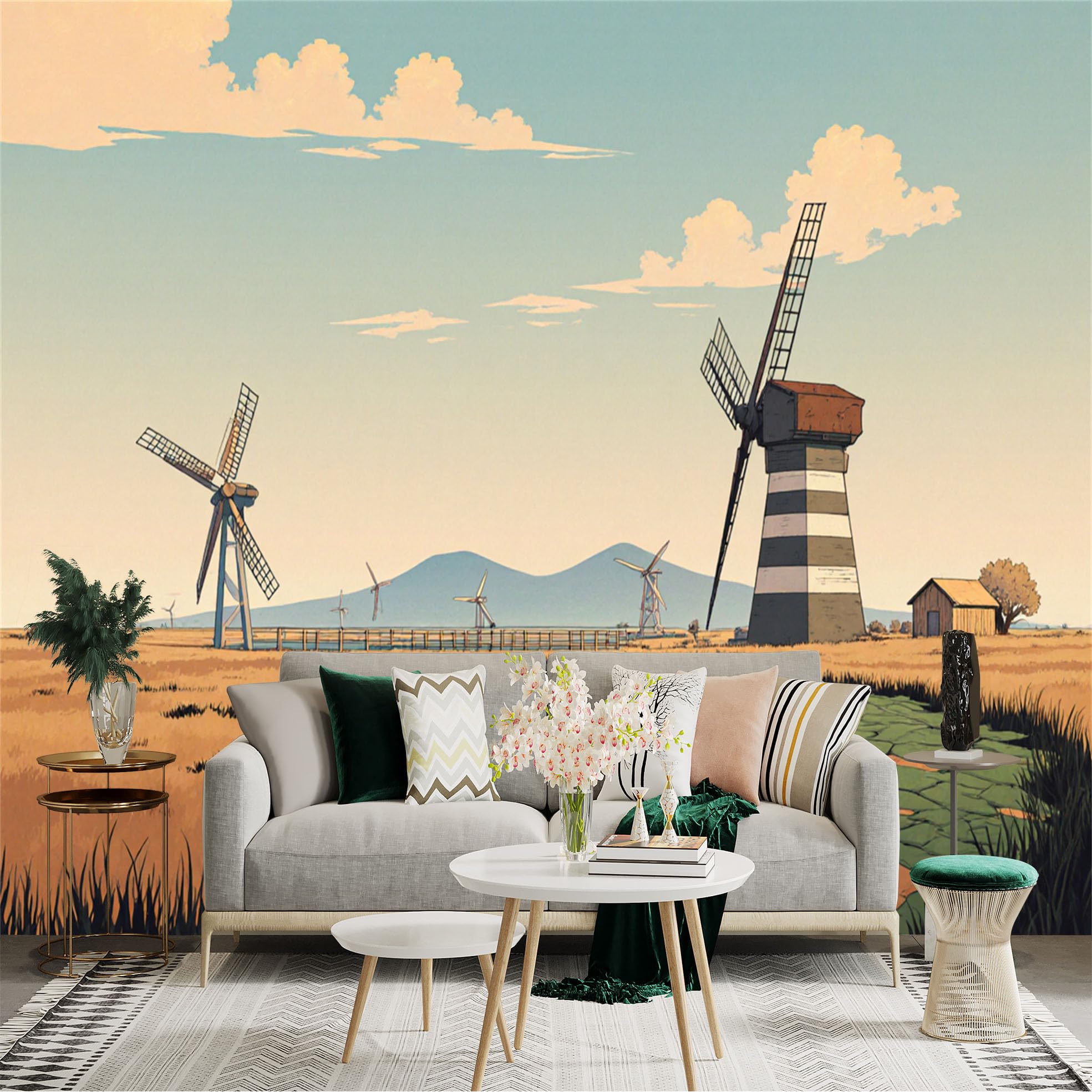 Lnzczhyre Xc260505375 Custom Size Wall Sticker Mural， Vintage Windmill Landscape， Rustic Farm Field， Countryside Scenery， Clouds And Mountains， For Wall Decoration， Peelandstick Wall Decals.