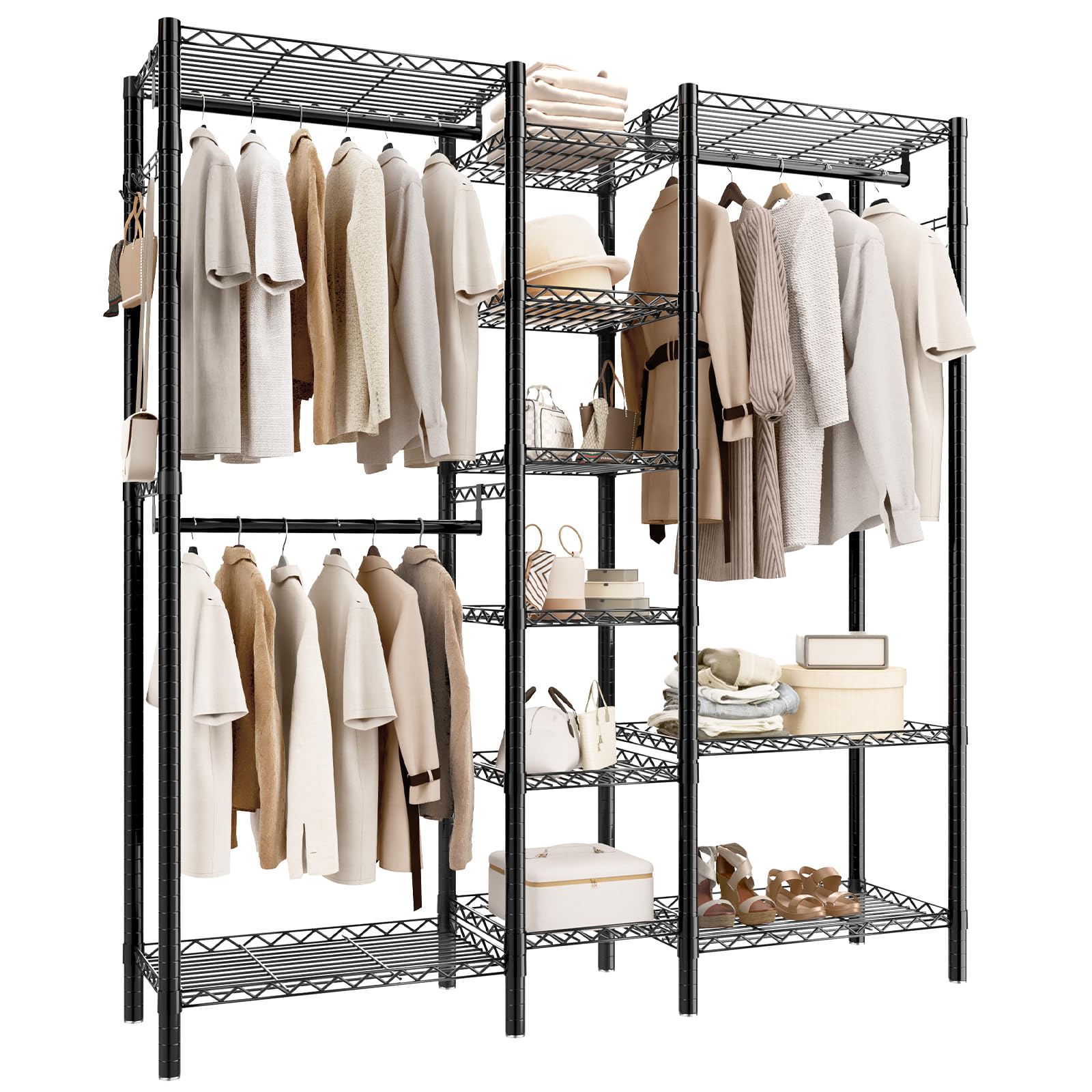 AQRA Appendiabiti da Terra Metallico, Armadio Aperto Cabina Componibile | 3 aste per abiti, ganci laterali, portata massima 372kg, dimensioni 144×42×193cm