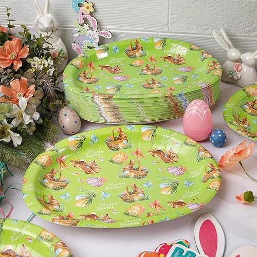 Miniatura 6 de WDF Paquete de 50 platos de Pascua ovalados de papel, platos de conejo de 10 x 12 pulgadas para suministros de fiesta, conejos de Pascua, plato
