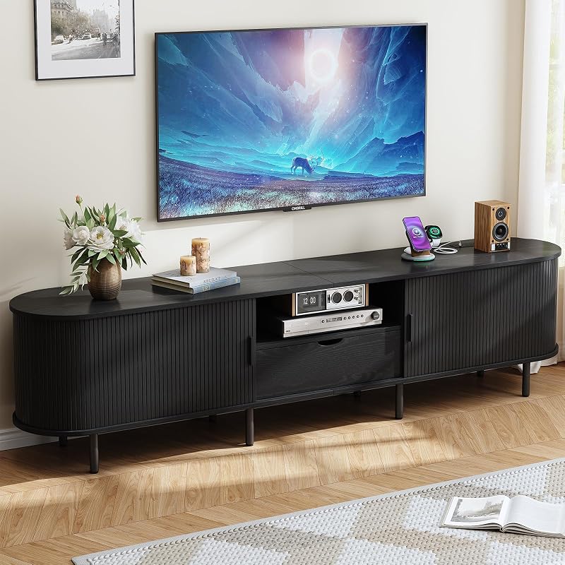 ONBRILL 86.6" TV Stand with Power Outlet for TVs up to 90", Black