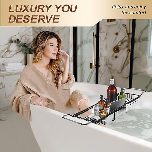 Gold Bathtub Tray with White Marble Base - Adjustable Bath Caddy(Black)