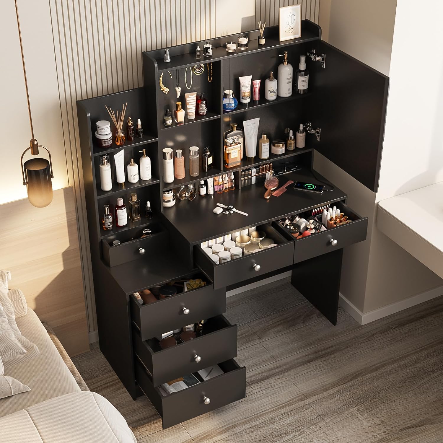Vabches Vanity Desk with Mirror and Lights, Makeup Vanity with 6 Drawers and Shelves, Dressing Table with Power Outlet, Makeup Desk with Led Lighted Mirror in 3 Colors, for Bedroom, Black