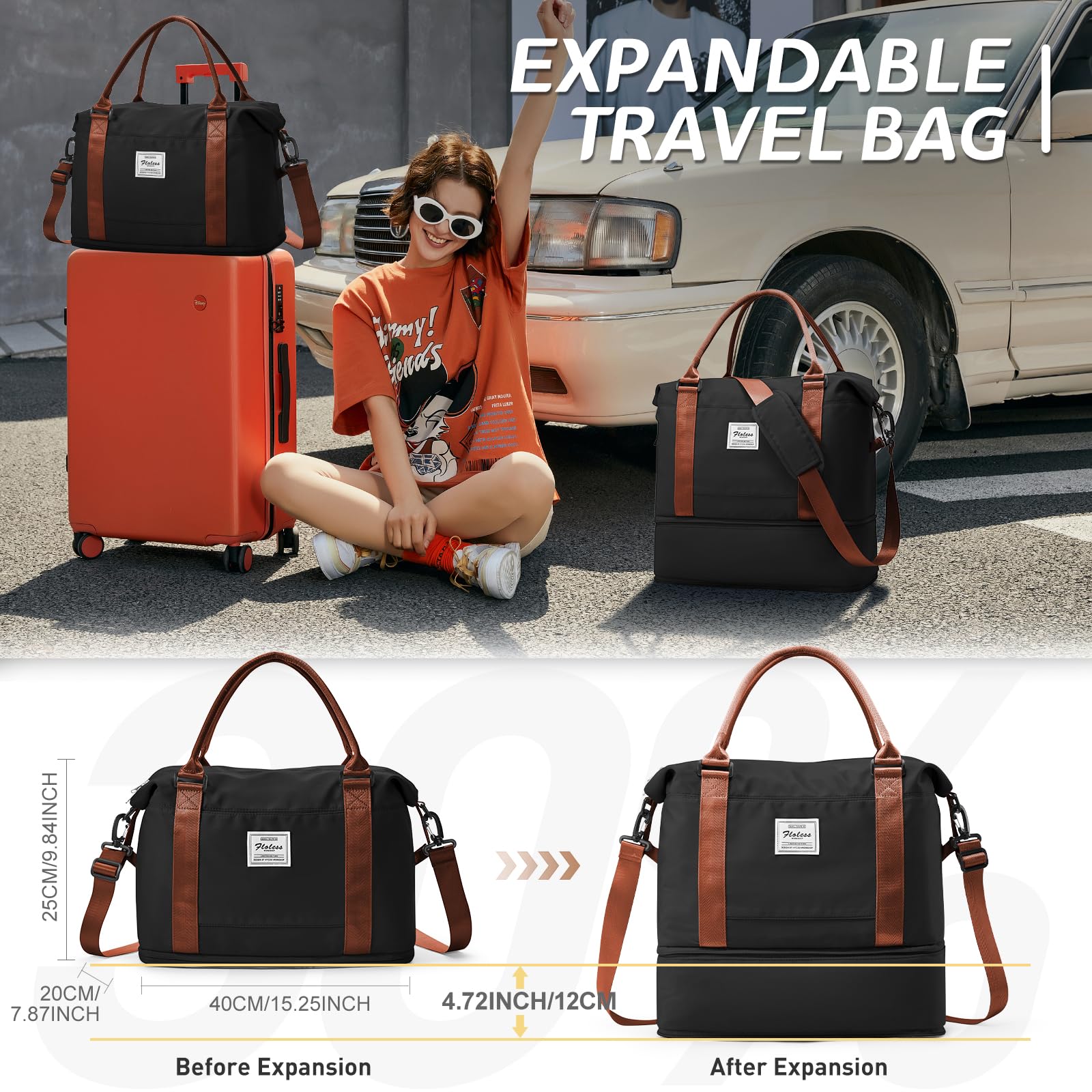 WEPLAN Borsone da Viaggio Donna 40x20x25 Ryanair Borsa da Viaggio Aereo Bagaglio a Mano Borsa Sportiva Donna Weekend Borsone Palestra Ospedale Piscina con Scomparto per le Scarpe,Nero con Marrone