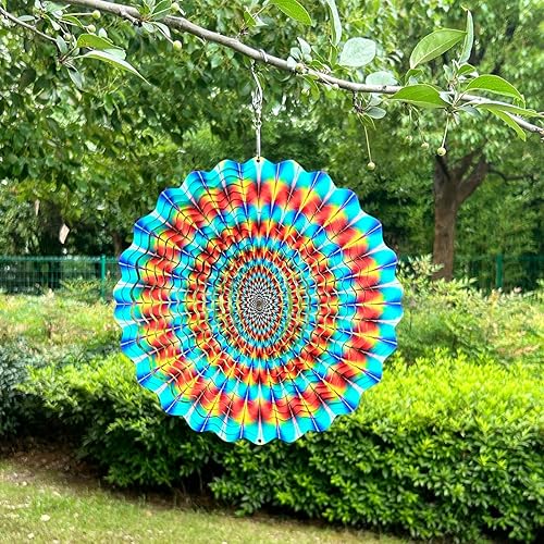 3D Wind Spinner Rainbow Mandala Stainless Steel Metal Wind Spinner Kinetic Metal Art Multi-Color Geometric Pattern Hanging Ornament for Yard Garden Patio