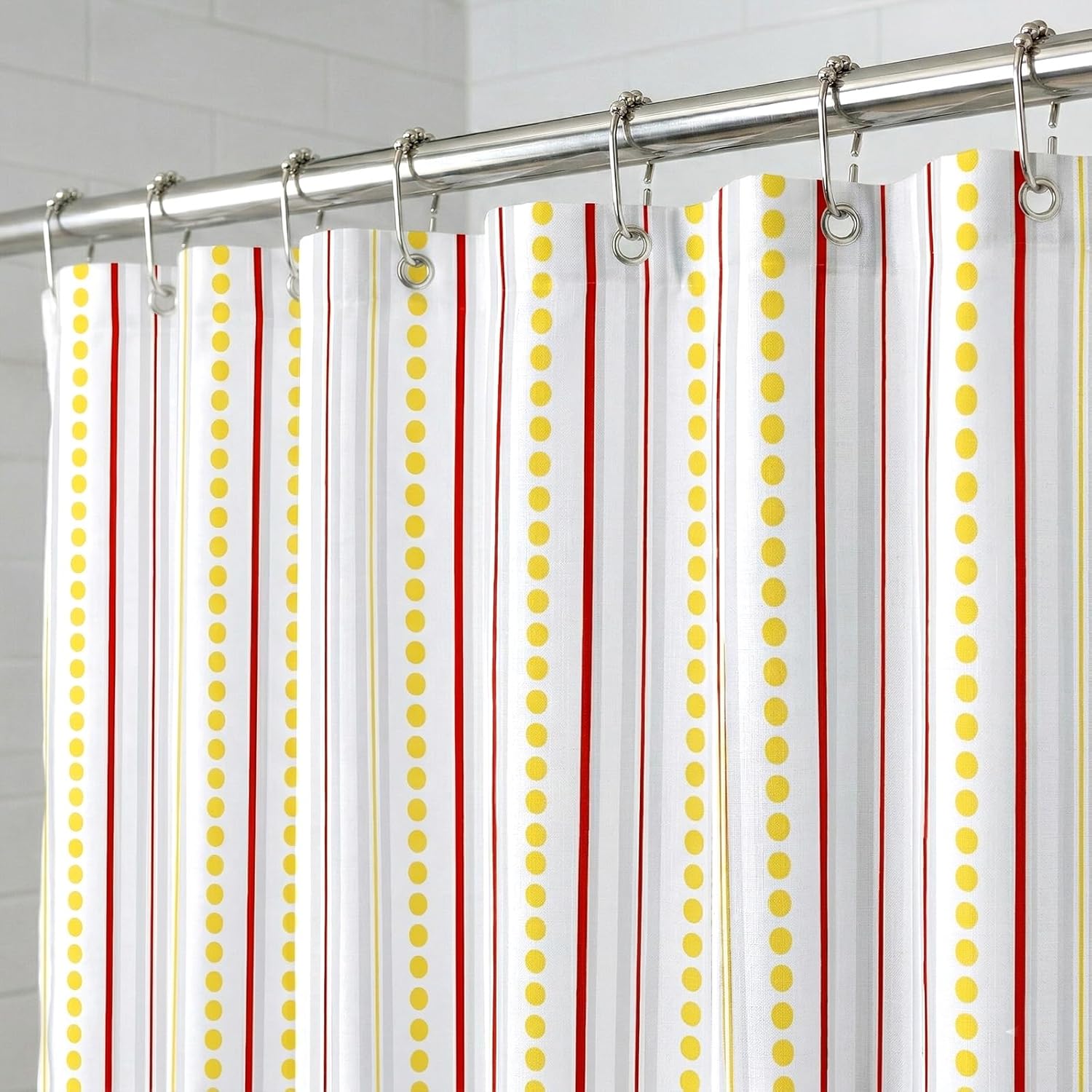 Geometric Shower Curtain for Bathroom – Modern Red & Grey Striped with Yellow Polka Dots Design – Heavy Duty Thick Fabric Bath Curtains, Waterproof & Weighted Hem, 12 Hooks Included (72" x 72")