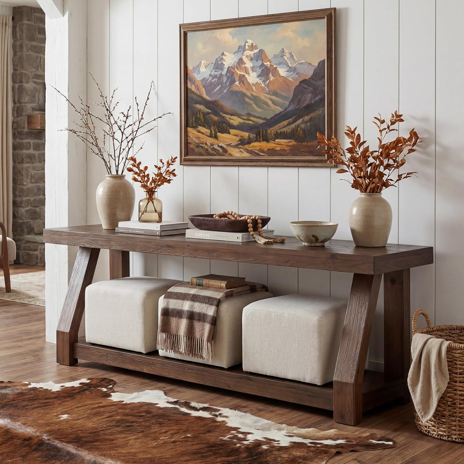 63" Solid Wood TV Stand, 2-Tier Media Console with Open Storage, Farmhouse Entertainment Center for Living Room, Bedroom, Entryway, Easy Assembly, Rich Walnut Brown (Fits TVs up to 75")