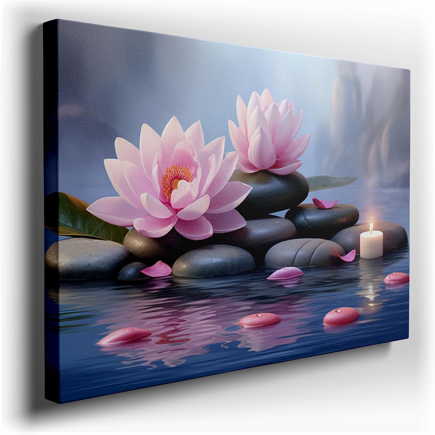 Canvas for Living room. Reflective Serenity: Pink Lotus Flowers, Zen Stones, and a Candle's Glow by the Water, 27 x 18 inch Canvas Wall Art - Contemporary Masterpieces - Botanical Home Decor