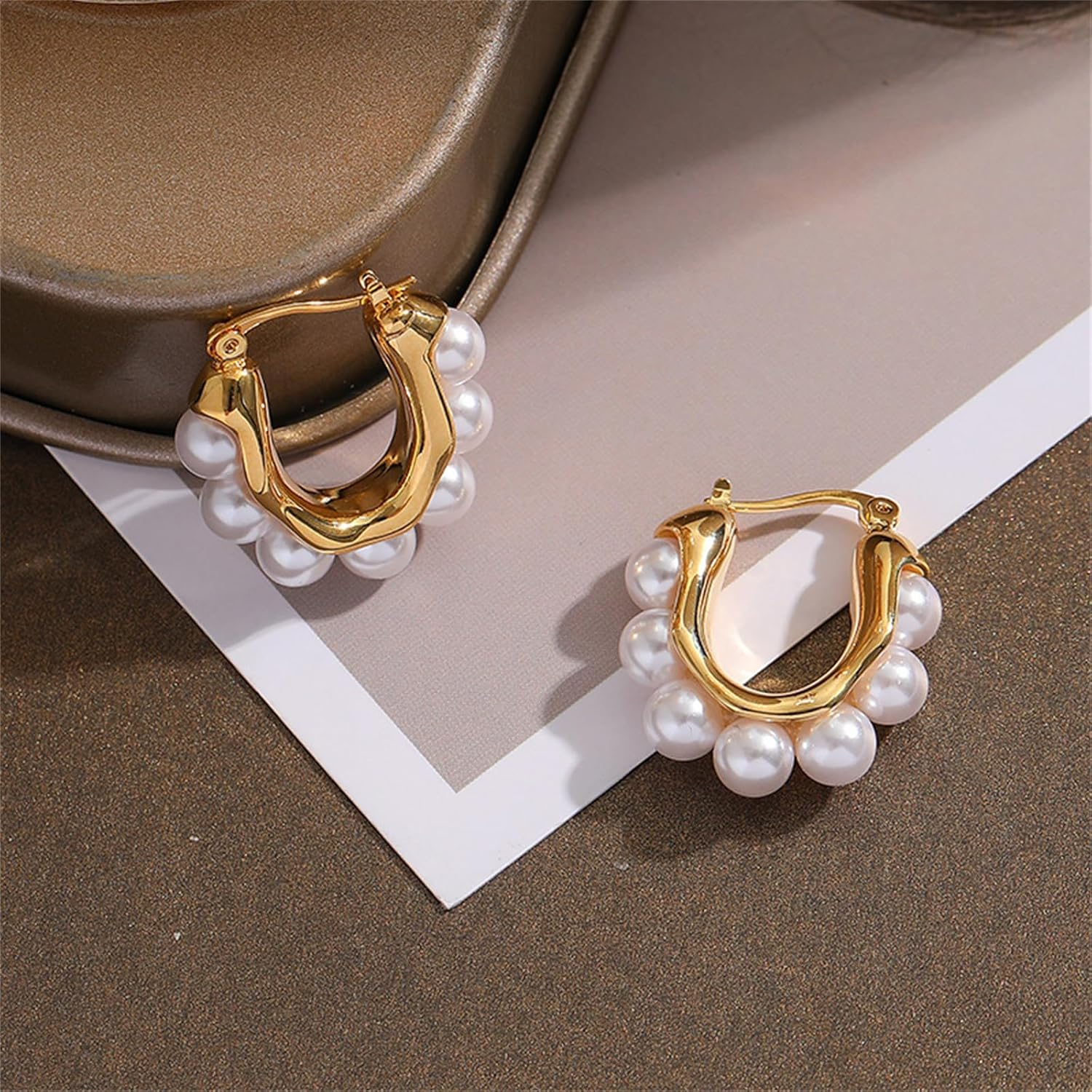 coadipress Pearl Hoop Earrings for Women Trendy Dainty 14k Gold Plated Pearl Hoop Earrings Classical White Chunky Pearl Huggie Earring Ladies Statement Charm Jewelry Gifts - Image 5