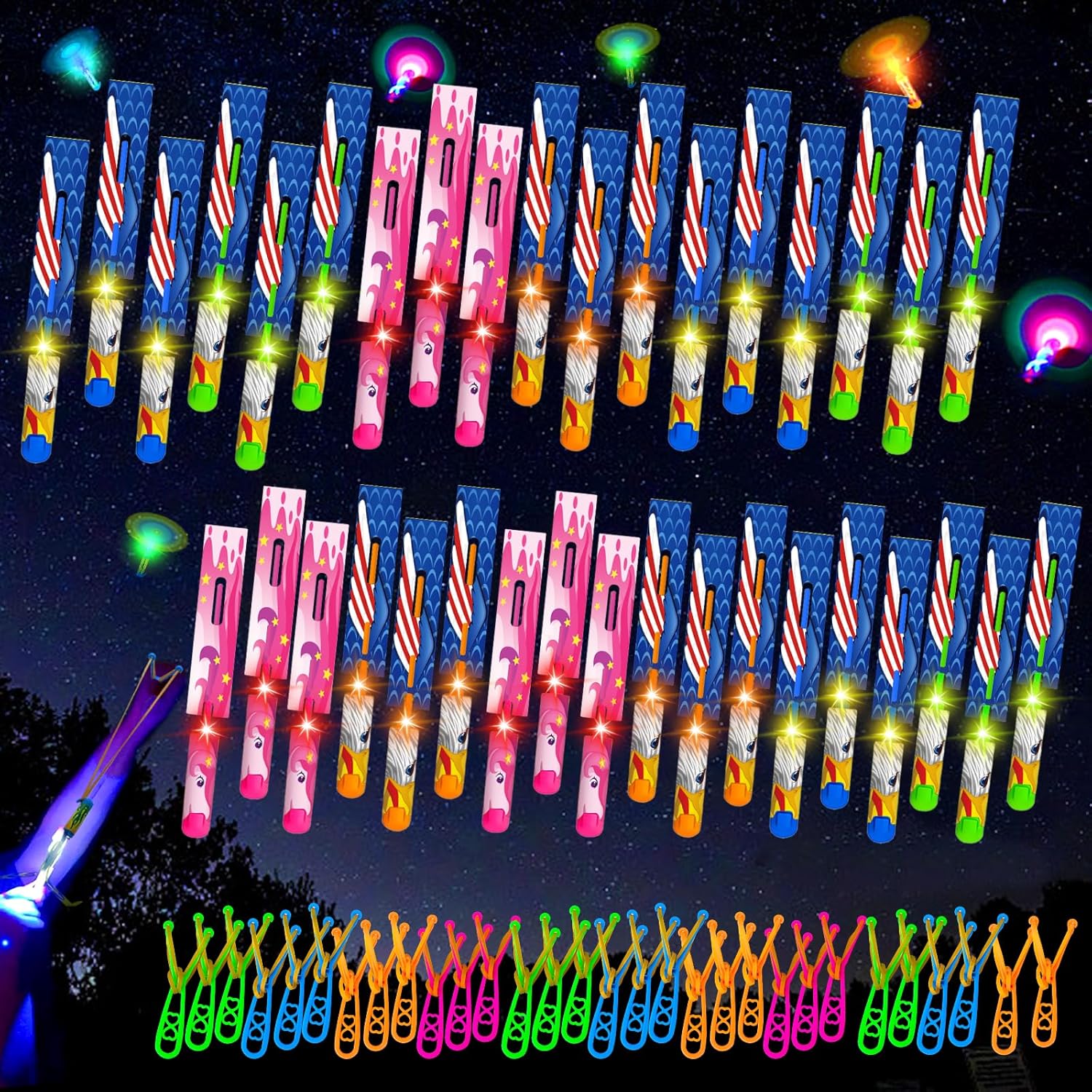 72 Pcs LED Slingshot Flying Toys for Kids with 36Pcs Slingshots+36Pcs Glow Helicopters Glow in The Dark Rocket Launcher Outdoor Light Up Toys Birthday Gift Party Favors for kids 4-8 8-12
